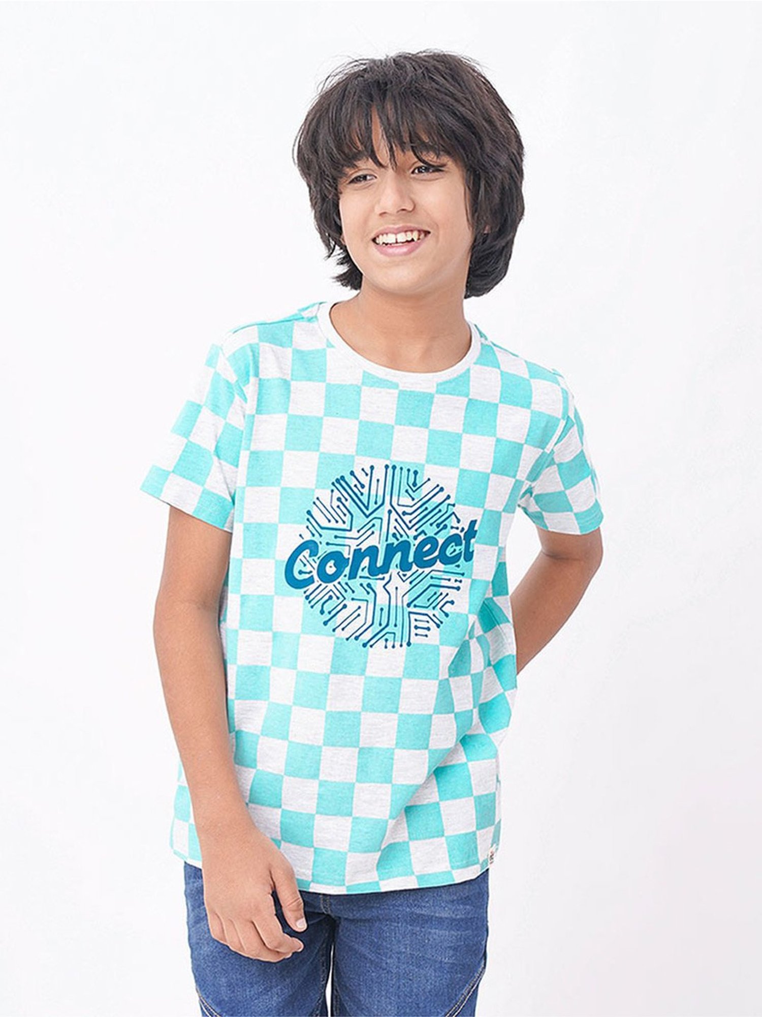 Edheads Kids Blue & Grey Cotton Chequered T-Shirt