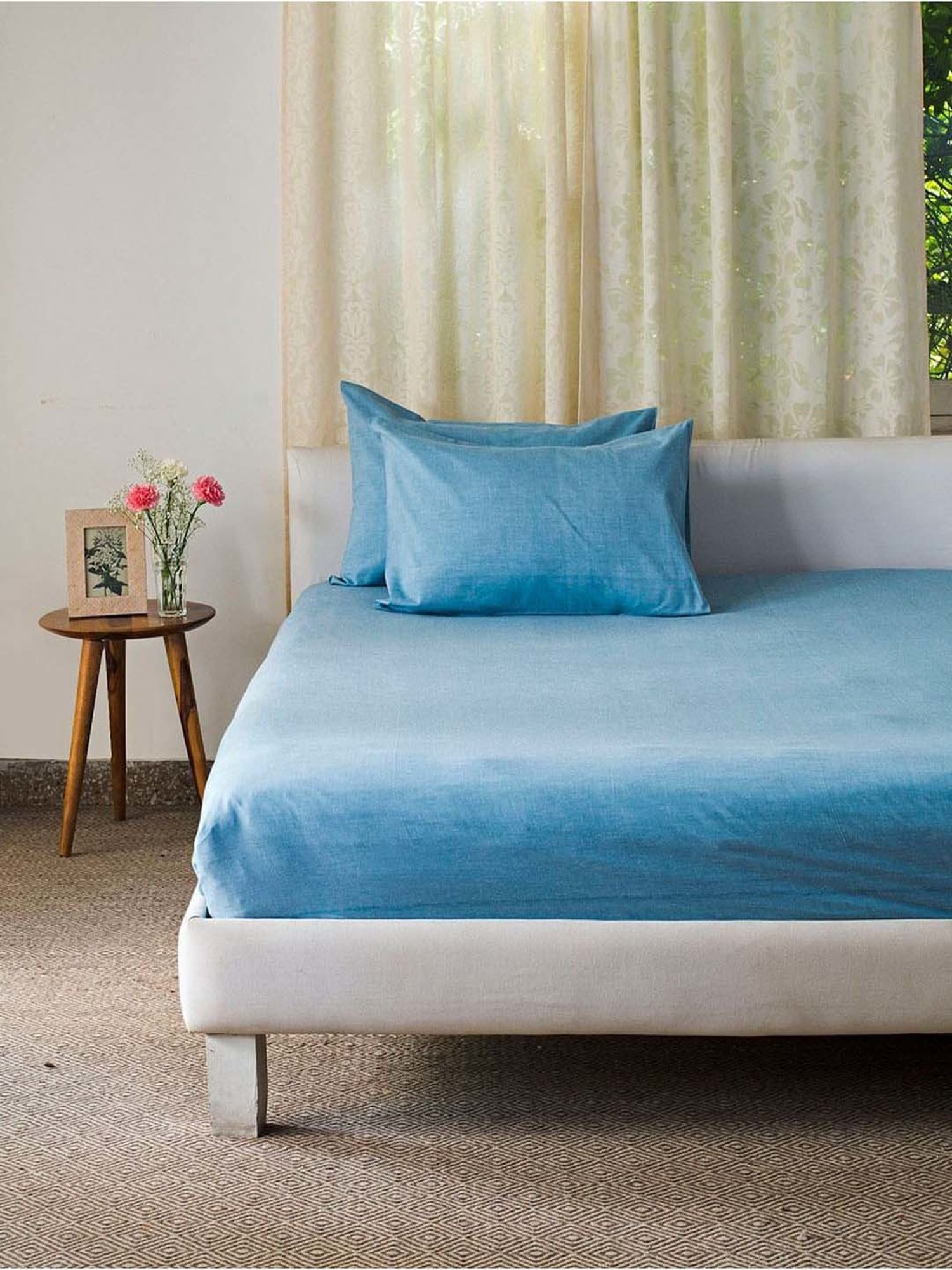 Fabindia Blue Cotton 92 TC Single Bed Sheet With Pillow Cover