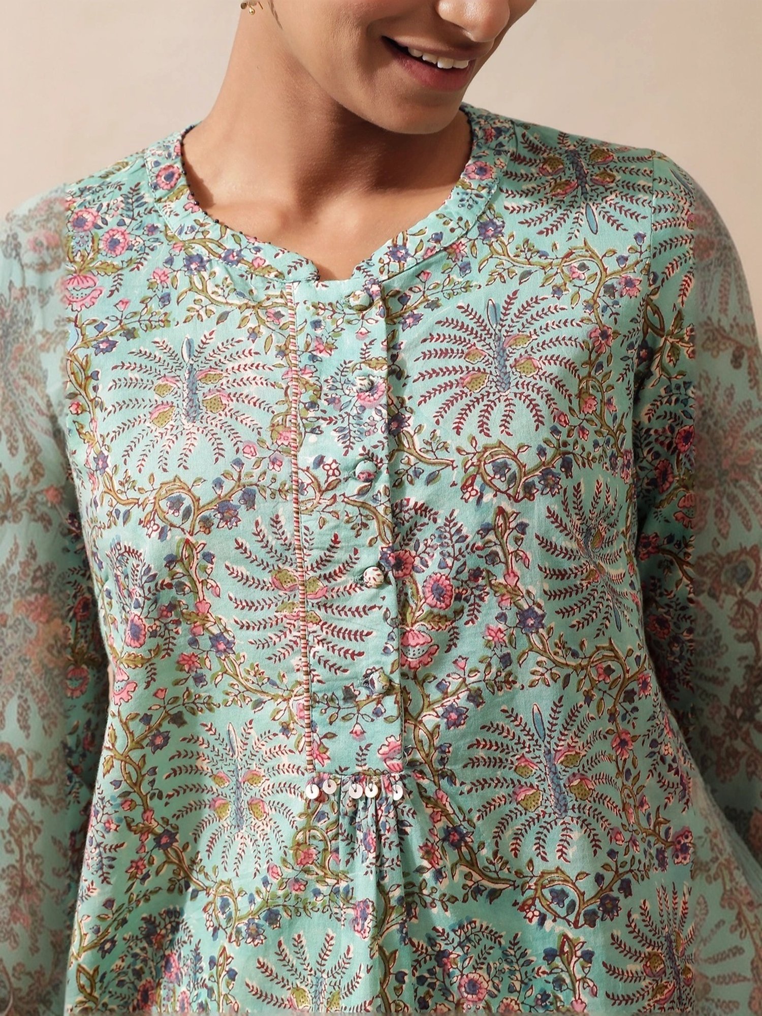 Folksong by W Mist Green Cotton Printed Top