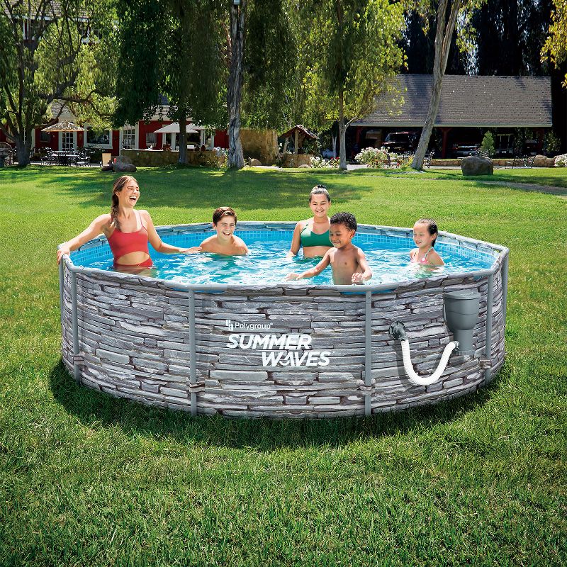 Summer Waves Active 8 Foot x 30 Inch Stone Slate Print Metal Frame Above Ground Swimming Pool Set with Filter Pump, Type I Cartridge, and Repair Patch