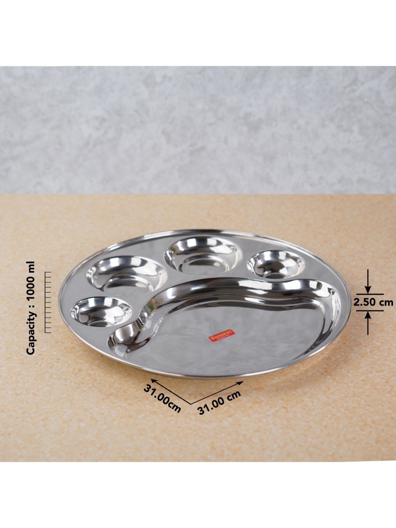 Sumeet Stainless Steel Round 5 in 1 Compartment Lunch / Dinner Plate Set of 6Pcs, 31cm Dia, Silver