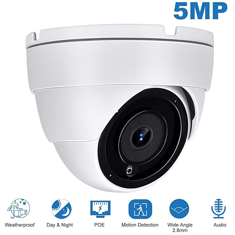 5MP IP POE Dome Camera with Audio, PoE IP Security Camera, Indoor Outdoor IP66 Weatherproof White Dome Camera, Wide Angle 2.8 mm Lens Camera with 98ft Night Vision, 3.5in Base