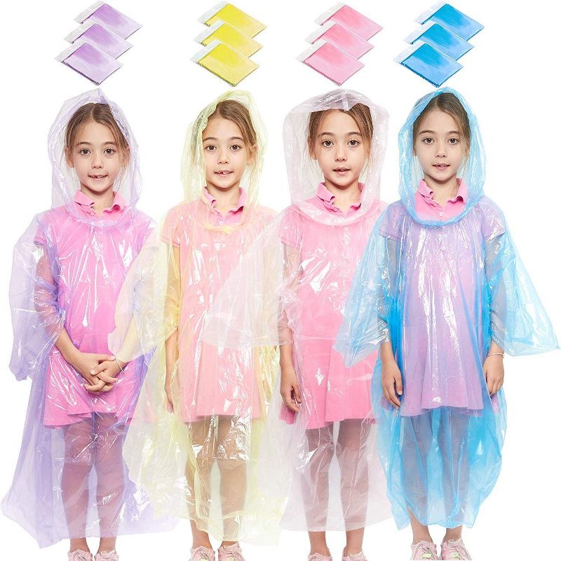 Juvale 12 Pack Disposable Rain Ponchos for Girls with Hood, Waterproof, 4 Colors