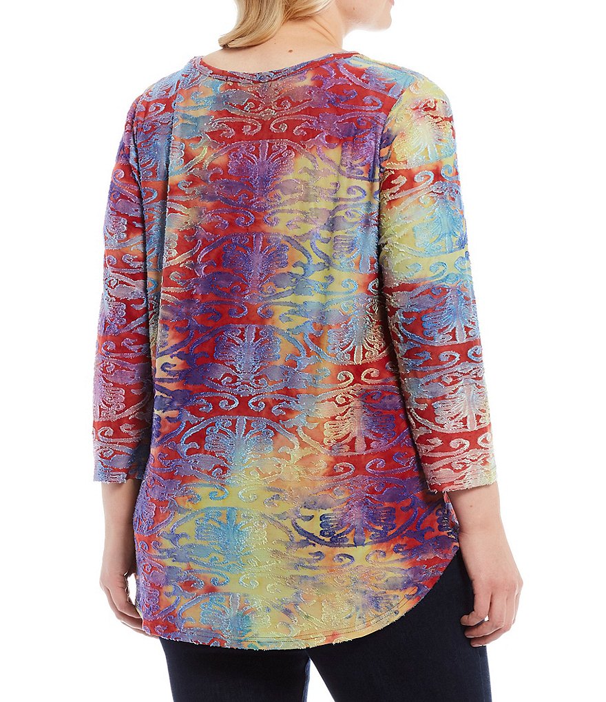 Calessa Plus Size Multicolor Burnout Scoop Neck 3/4 Sleeve Top