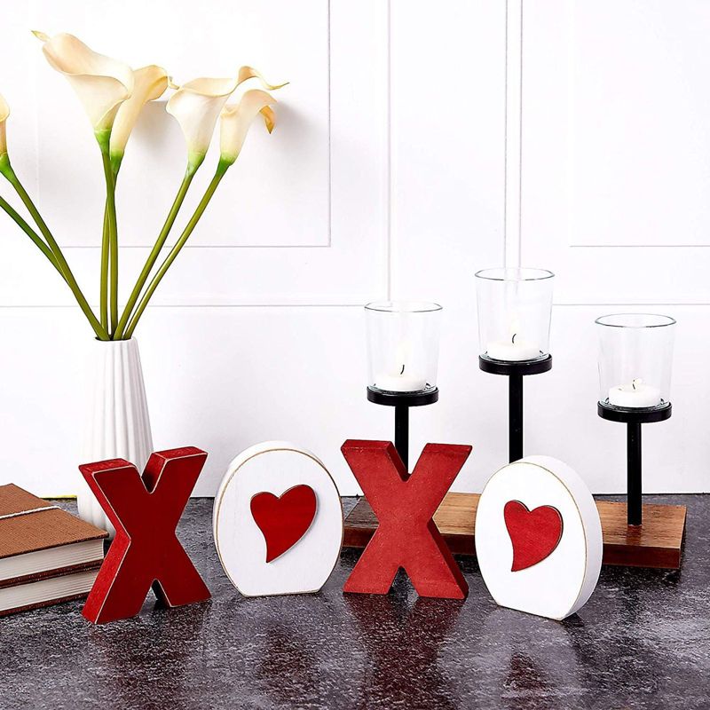 Farmlyn Creek 4 Pieces Wood Blocks Set for Valentine's Day D'ecor , XOXO Wooden Sign