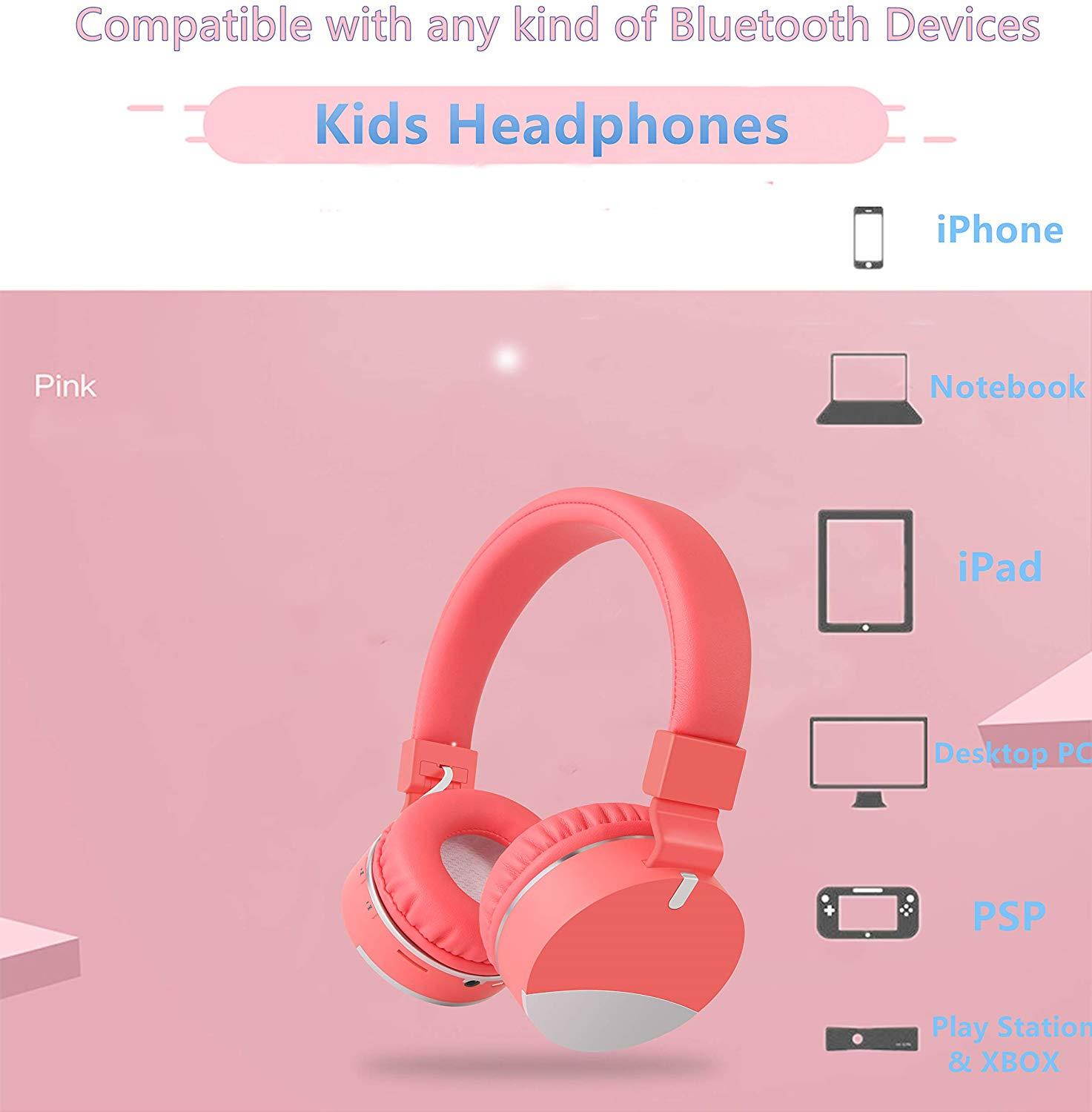 Kids Headphones,Gorsun Wireless Bluetooth Headphones for Kids with Microphone Over Ear Foldable Earphone Children Stereo Headset for Boys Girls Cellphone TV PC Tablets (Pink)