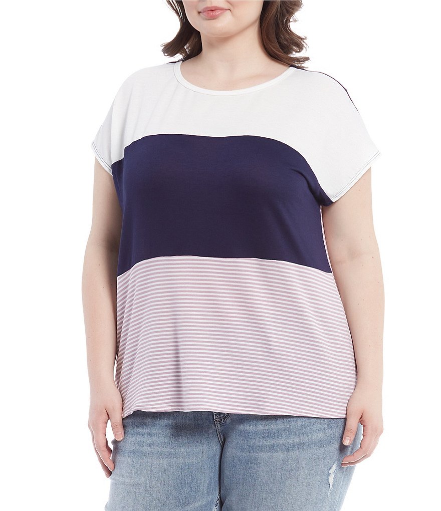 Moa Moa Plus Size Colorblock Scoop Neck Dolman Short Sleeve Back Twist Detail Knit Top