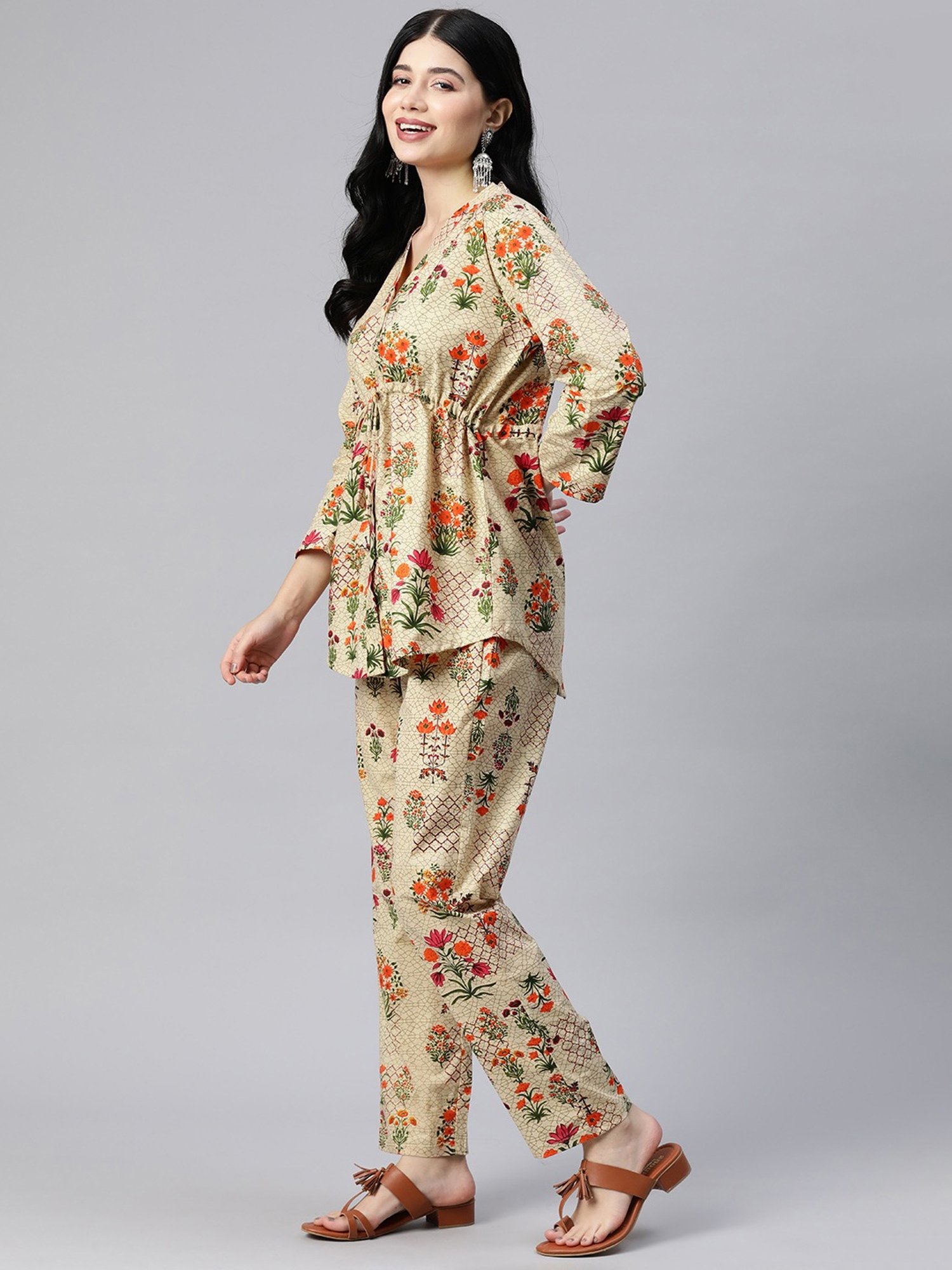 READIPRINT FASHIONS Beige Cotton Floral Print Tunic Pant Set