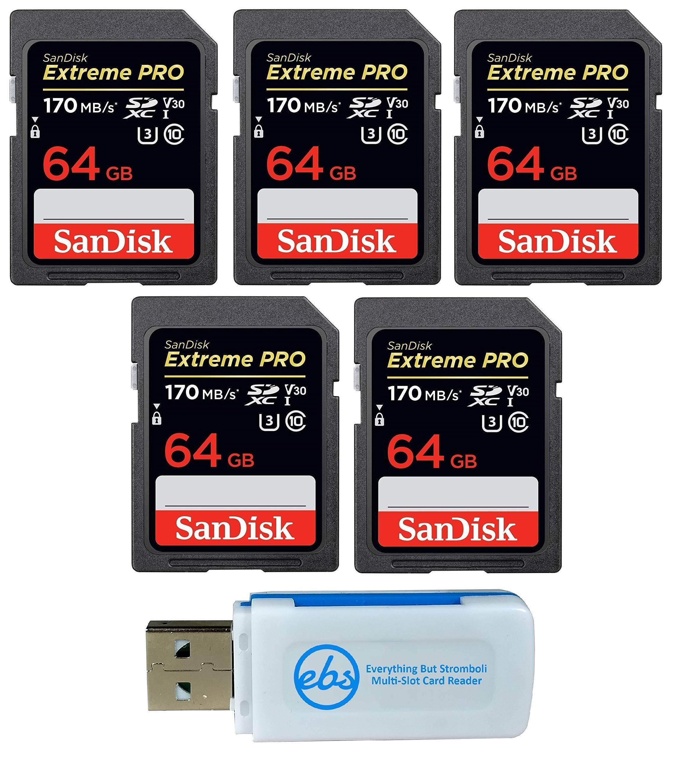 SanDisk 64GB (Five Pack) Extreme Pro Memory Card (SDSDXXG-064G-GN4IN) SDXC 4K V30 UHS-I with Everything But Stromboli (TM) Combo Reader