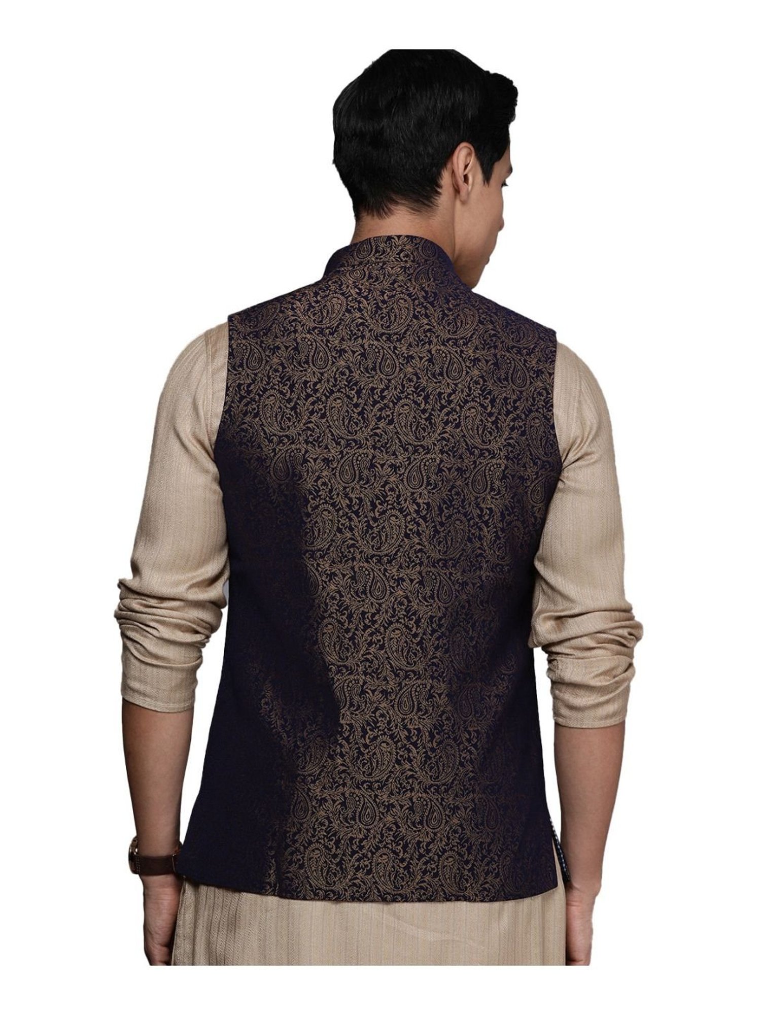 Manyavar Navy Regular Fit Self Pattern Nehru Jacket