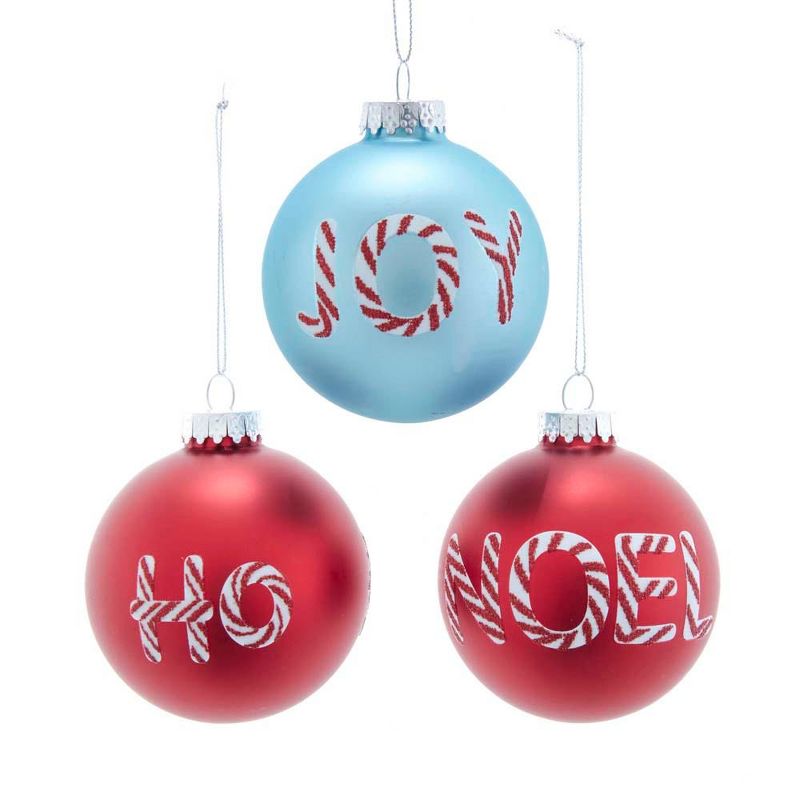 Kurt Adler 80MM Retro Red and Aqua Shiny and Matte Glass with Words Ball Ornaments, 6 Piece Set