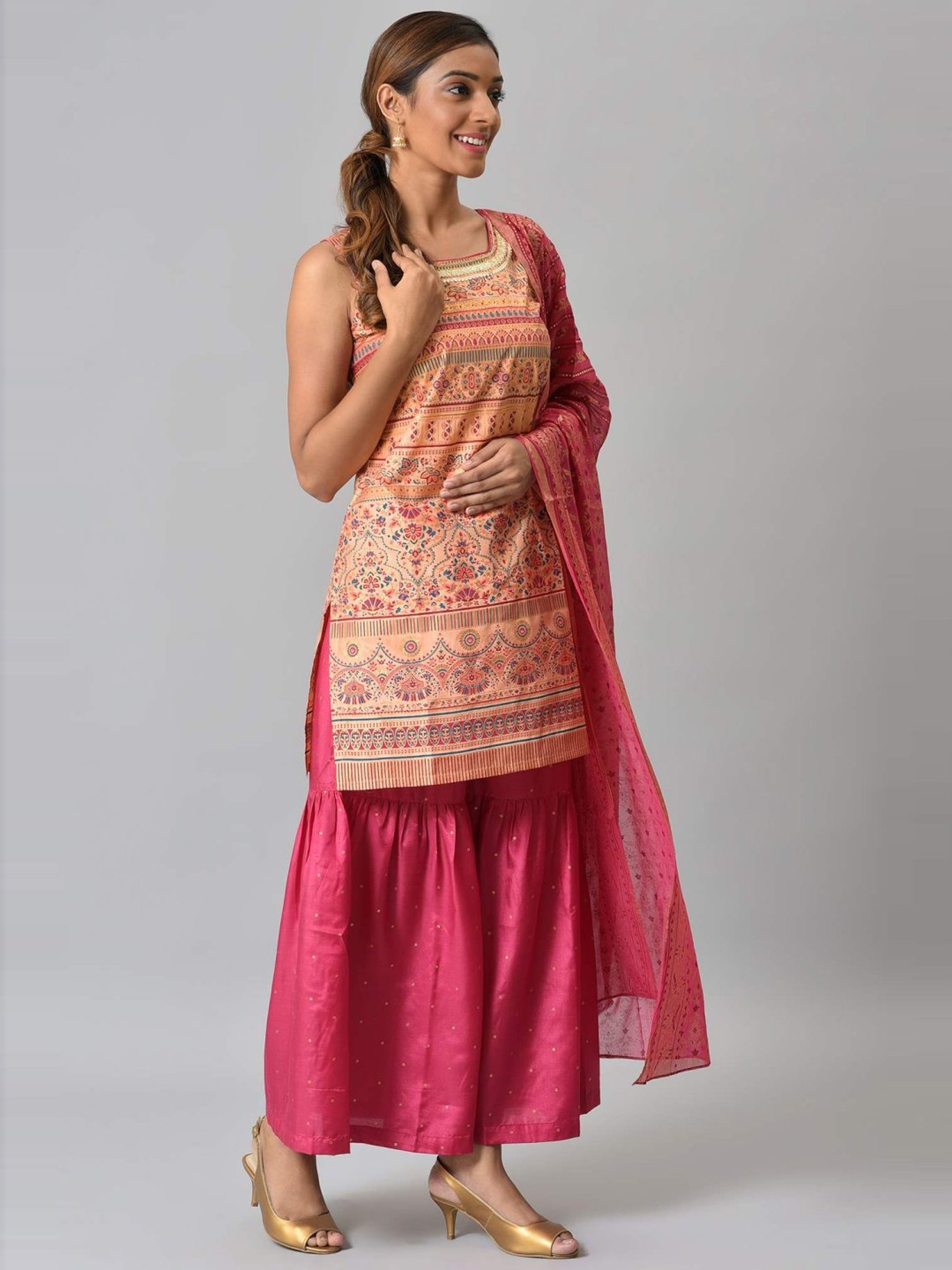 Aurelia Peach & Pink Printed Kurti Sharara Set With Dupatta