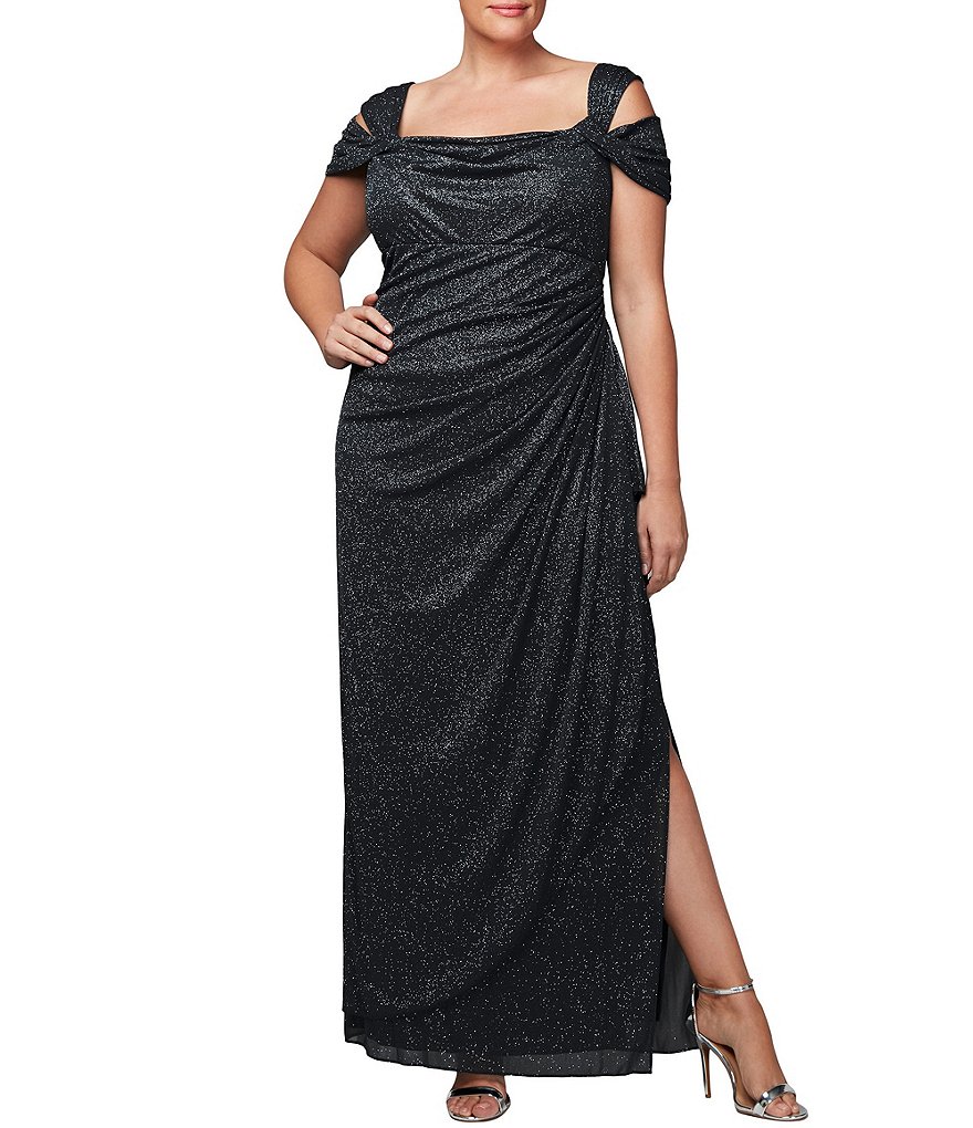 Alex Evenings Plus Cold Shoulder Cowl Neck Cap Sleeve Glitter Mesh Gown