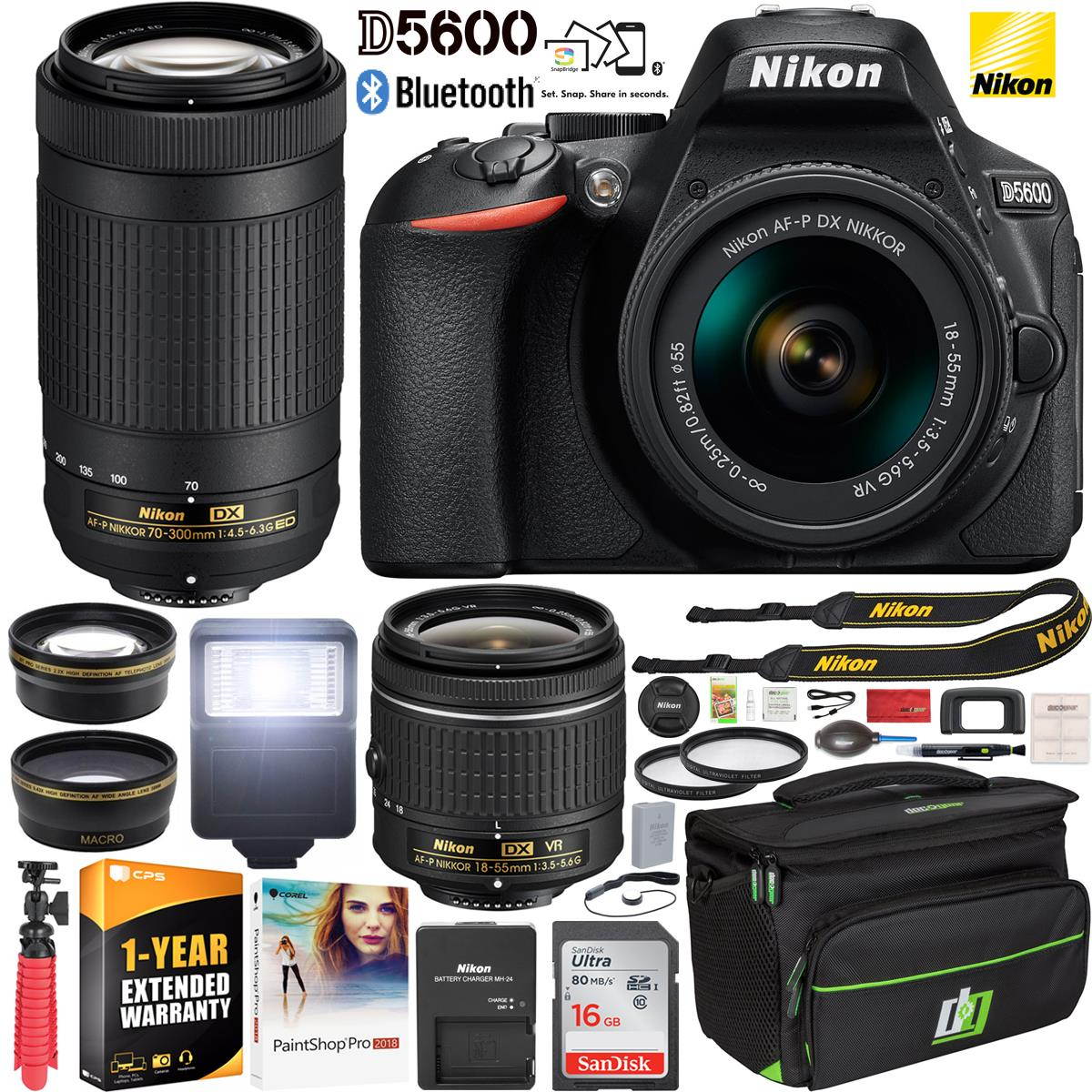 Nikon D5600 DSLR Camera 18-55 VR & 70-300 2 Lens + Ext. Warranty Case Accessory Bundle
