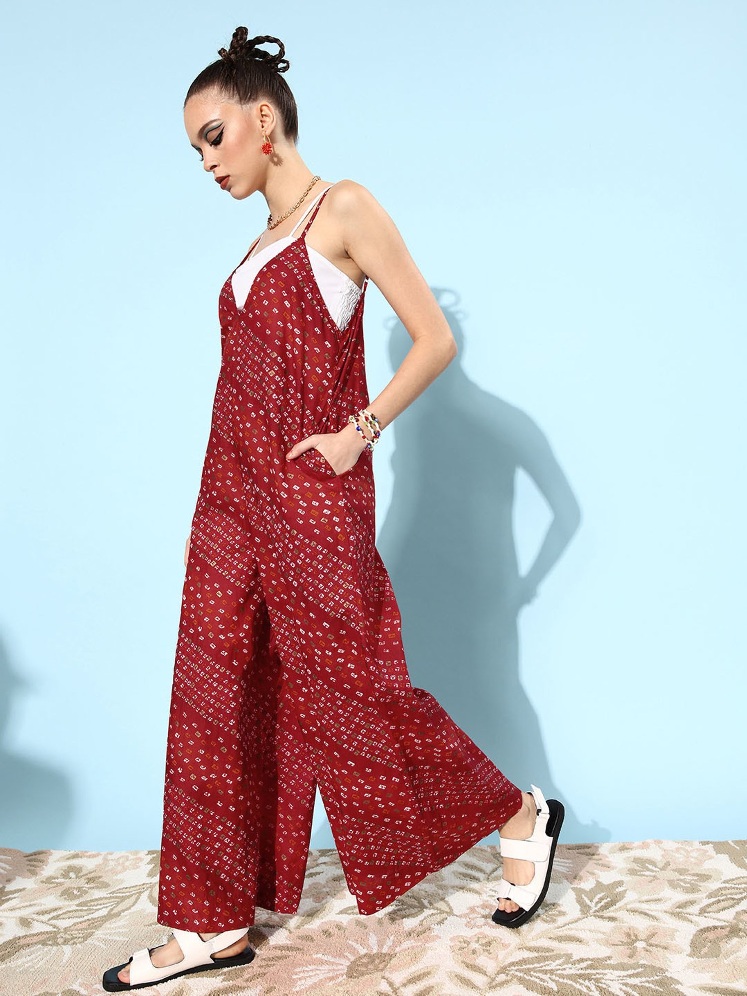 QUIERO Red Cotton Printed Jumpsuit