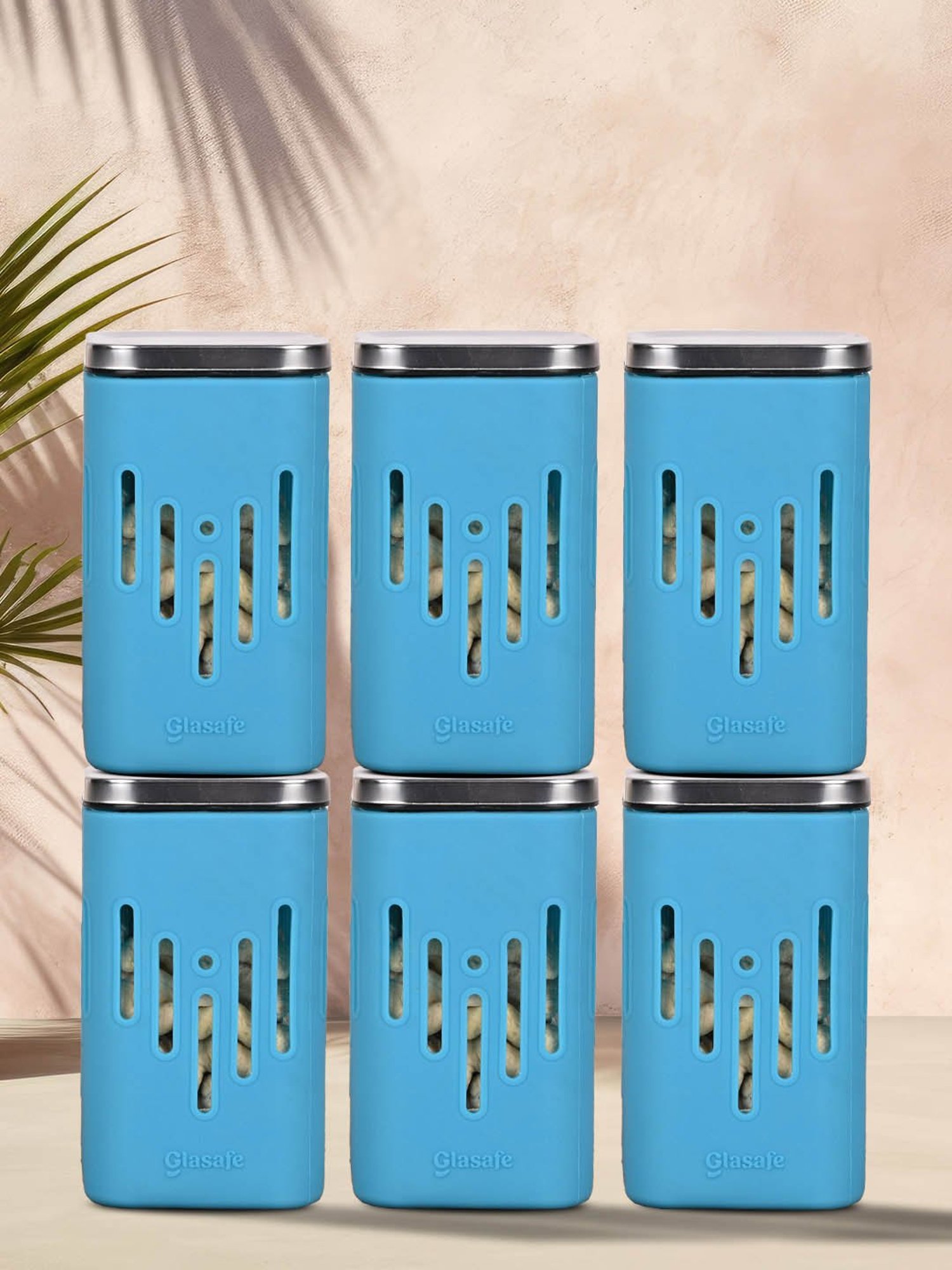 Glasafe 'O' Grip Tranquil Teal Borosilicate Containers - Set of 6 (250ml)