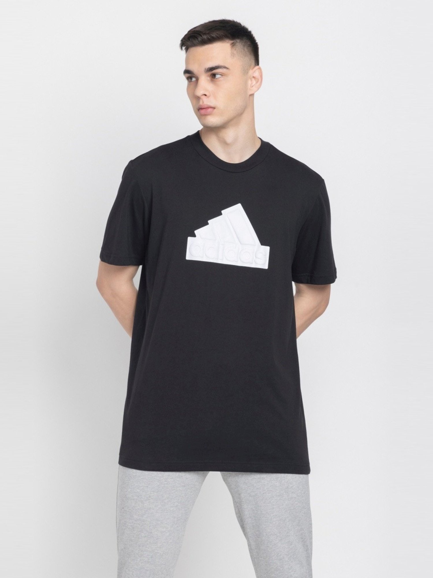 Adidas Black Cotton Loose Fit Printed Sports T-Shirt