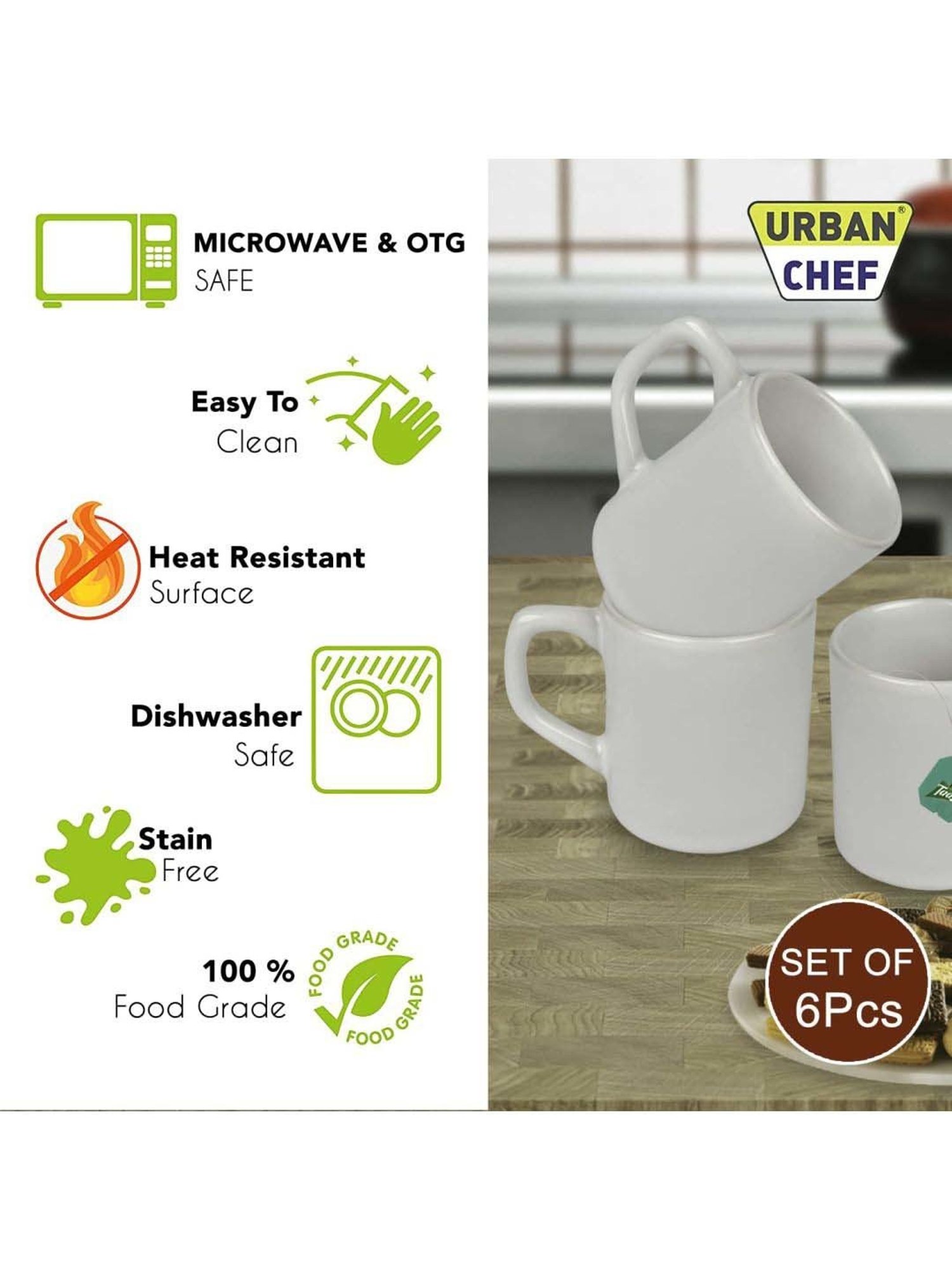Urban Chef White Ceramic Droite Handcrafted Microwave Safe Cup - Set of 6