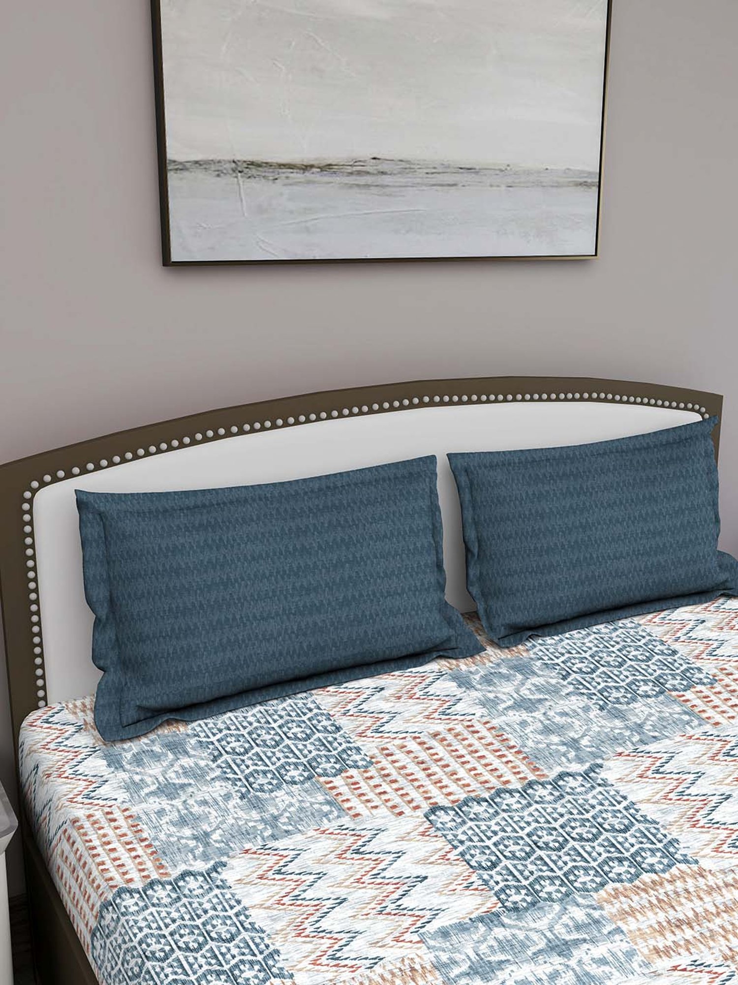 GM Blue & Orange 100% Cotton 180 TC Queen Bedsheet Set