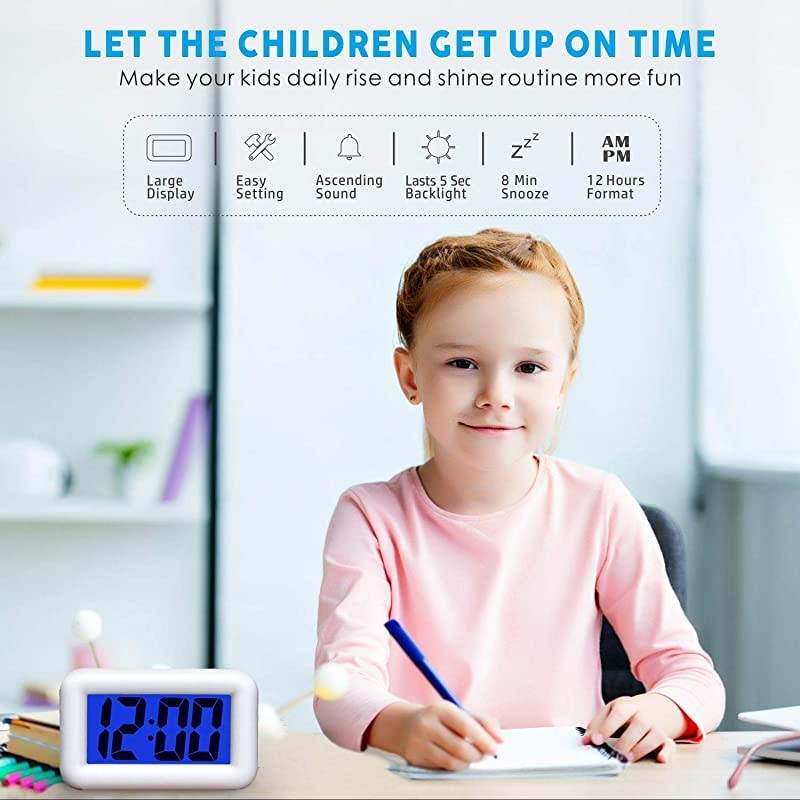 Digital Alarm Clock with Snooze and Nightlight Large LCD Display Travel Alarm Clocks Ascending Sound Alarm and Handheld Sized Good for Kids White