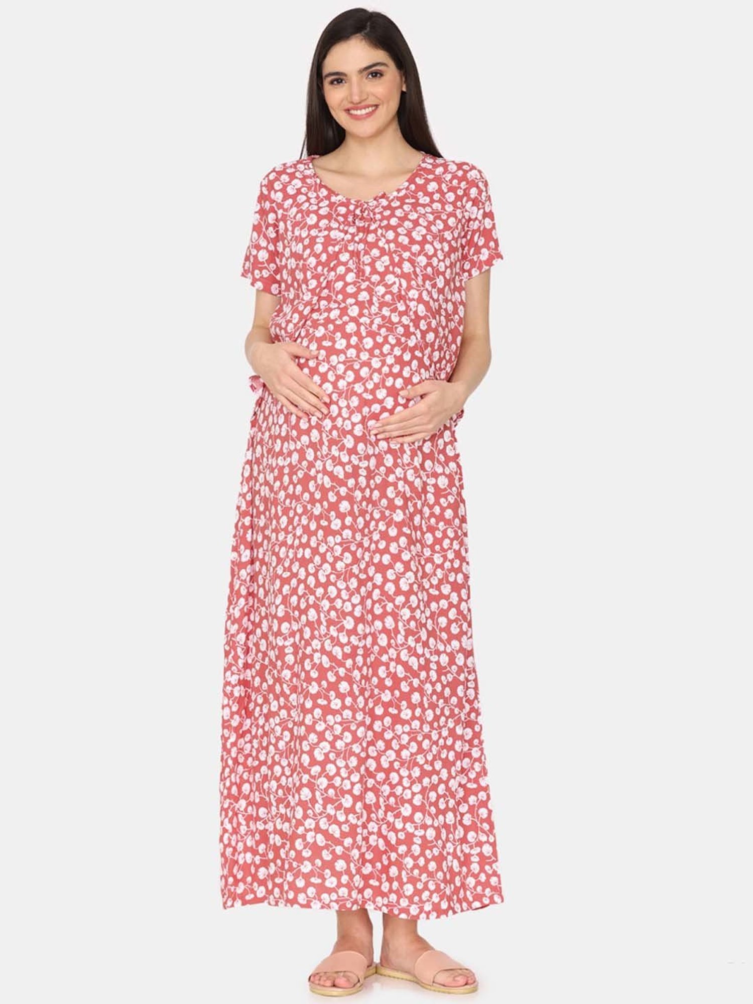 Coucou by Zivame Peach Floral Print Maternity Nighty