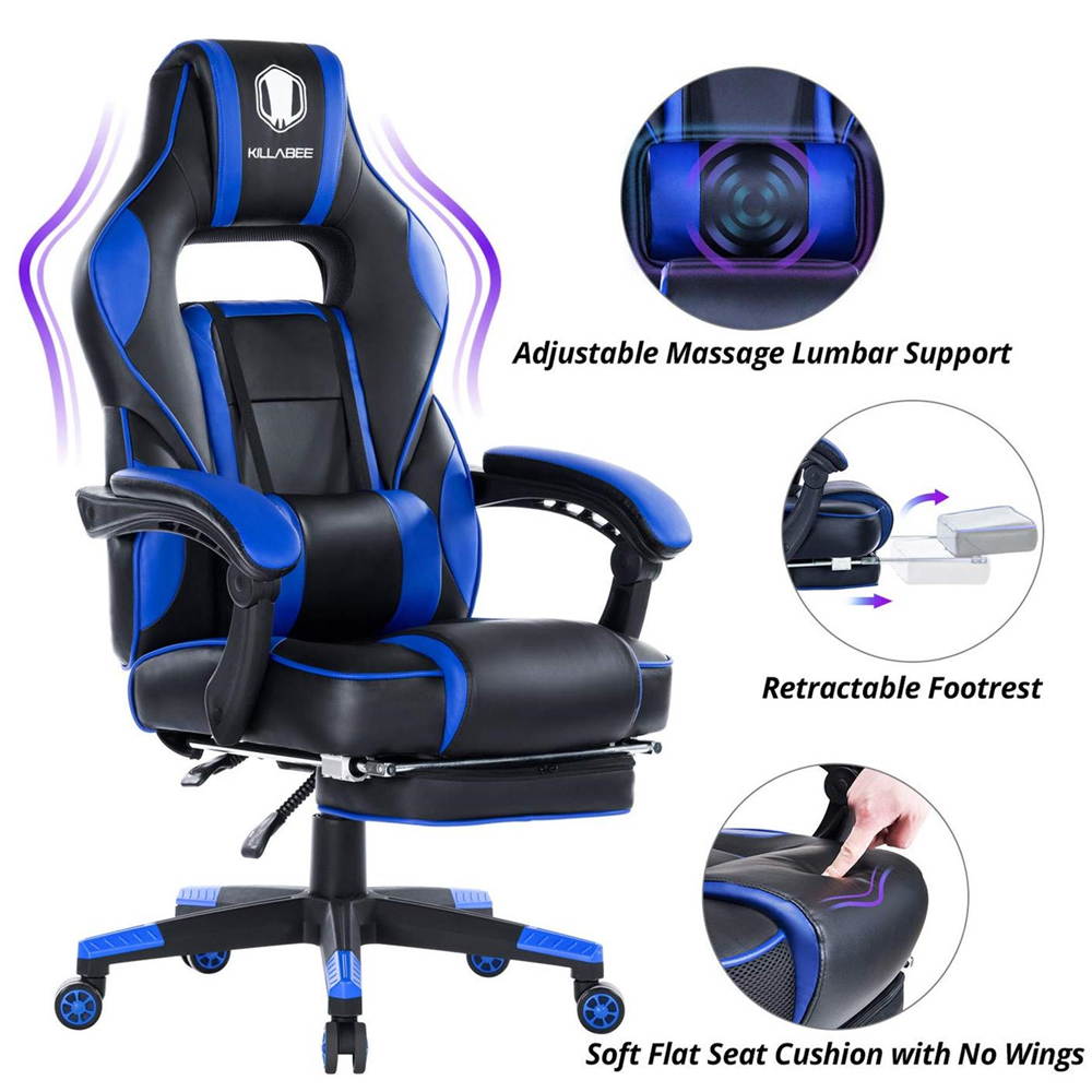 KILLABEE Massage Gaming Chair High Back PU Leather PC Racing Computer Desk Office Swivel Recliner with Retractable Footrest and Adjustable Lumbar Support