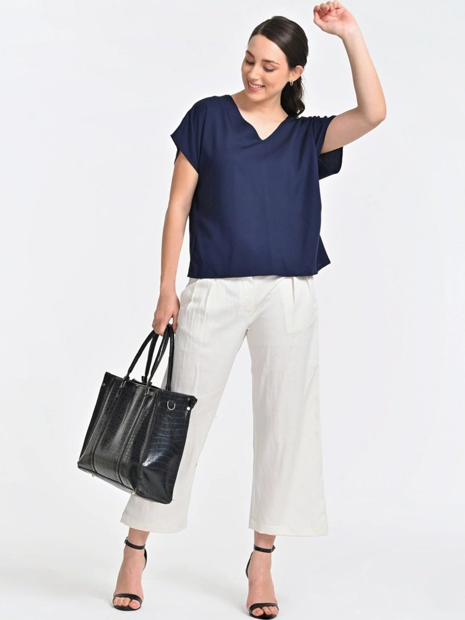 Saltpetre Indigo V-neck Top With Cream Trousers Co-ords Set