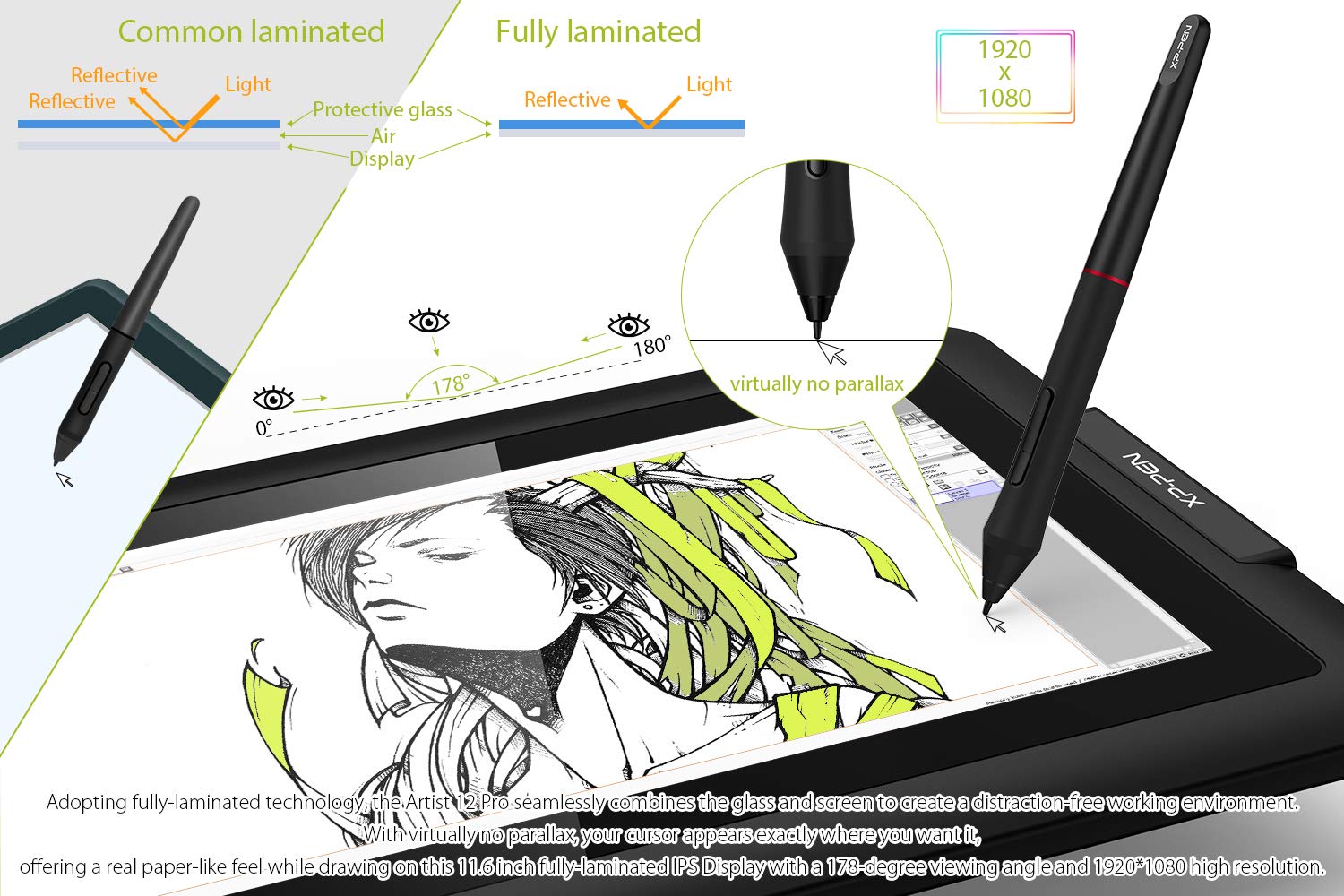 XP-PEN Artist 12 Pro 11.6 Inch Drawing Monitor Pen Display Full-Laminated Graphics Drawing Tablet with Tilt Function Battery-Free Stylus and 8 Shortcut Keys (8192 Levels Pen Pressure and 72% NTSC)