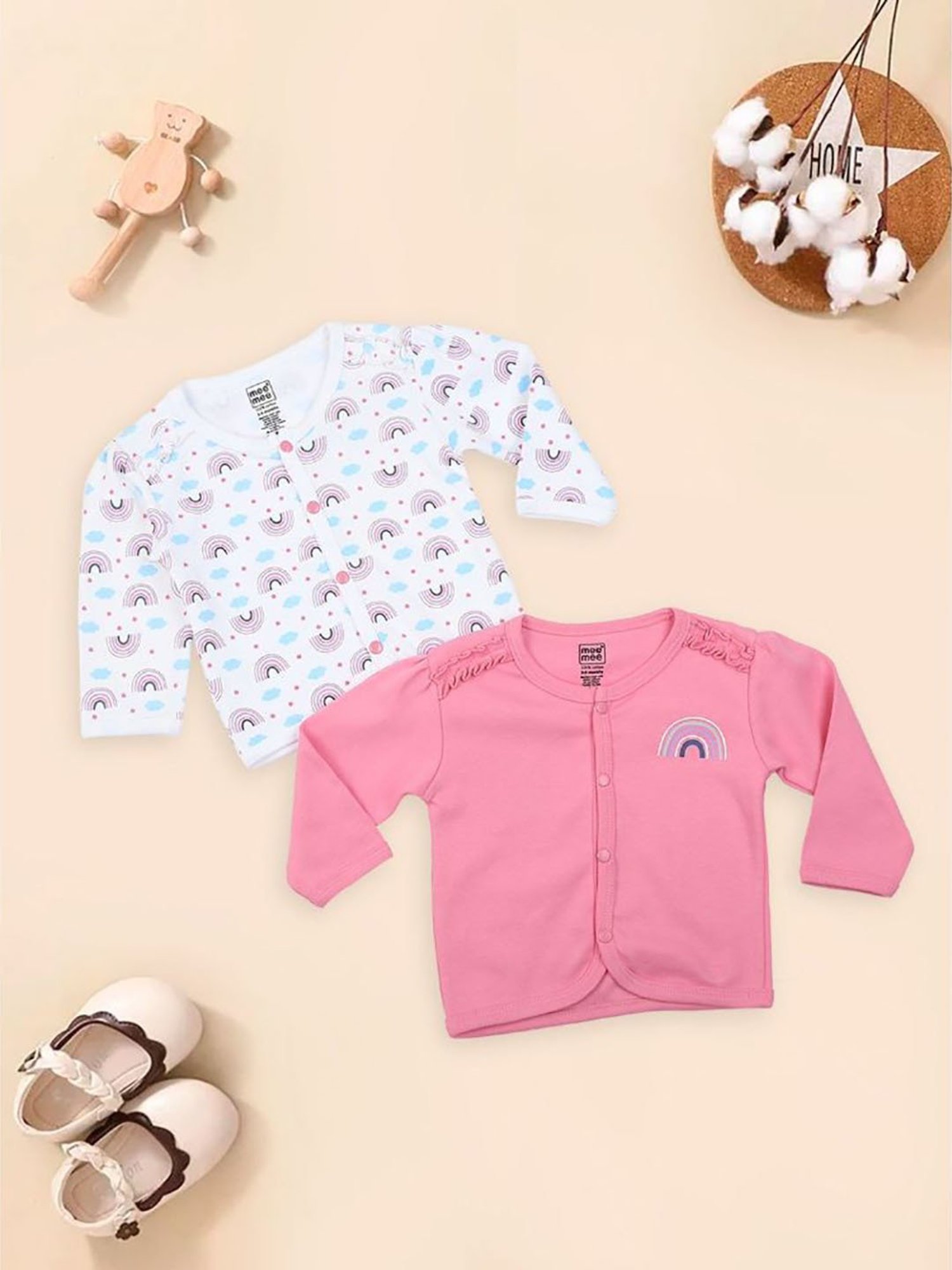 Mee Mee Kids White & Pink Printed Full Sleeves Jhablas (Pack Of 2)