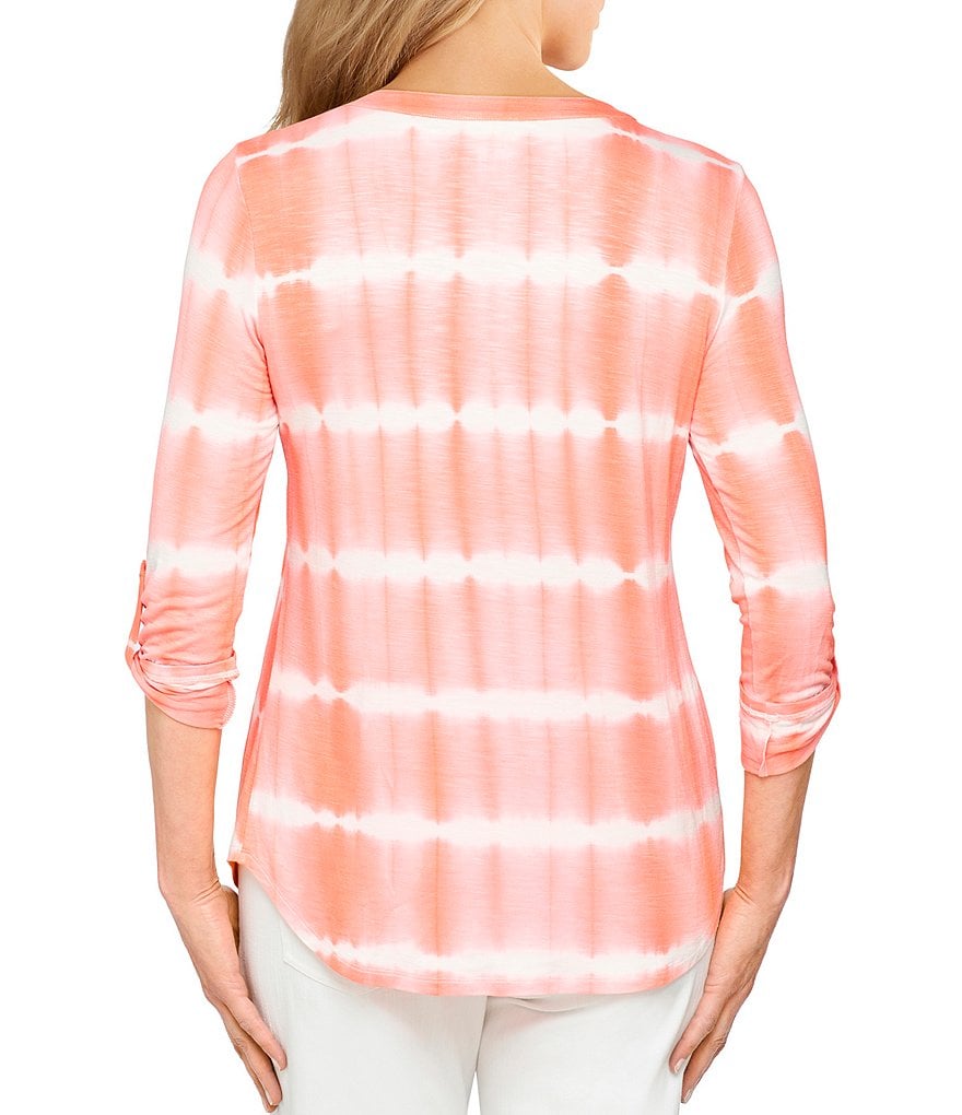 Ruby Rd. Tie-Dye Slub Knit 3/4 Roll-Tab Sleeve Pleat Front Detail Top
