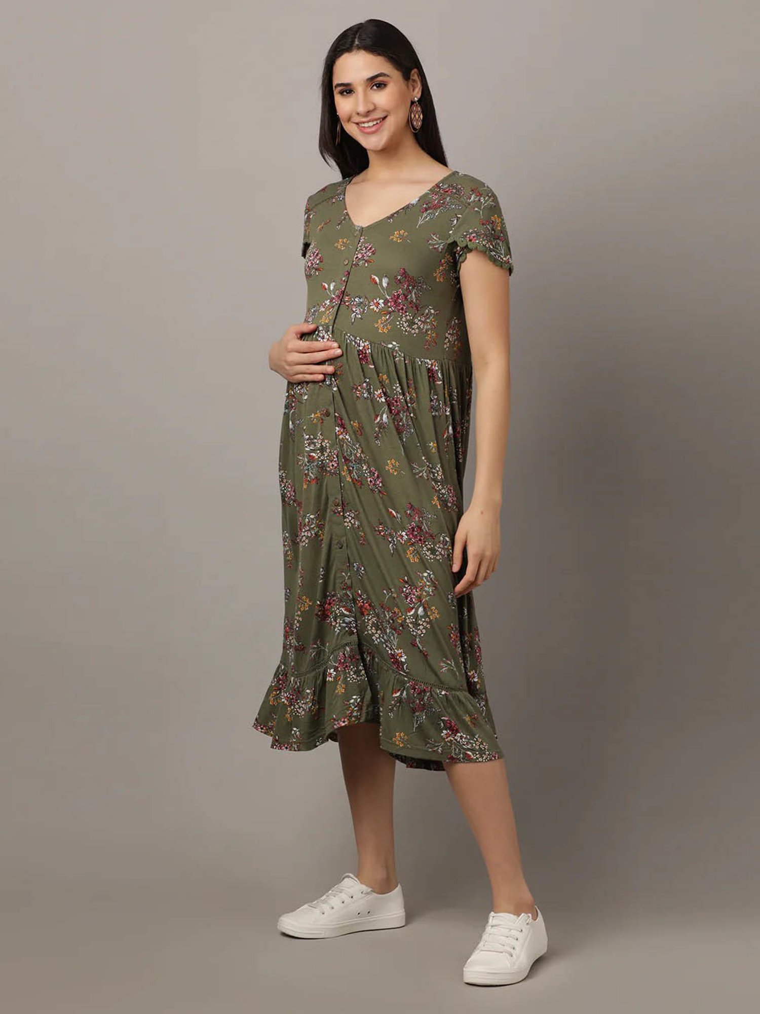 The Mom Store Olive Cotton Floral Print Maternity & Nursing Dress