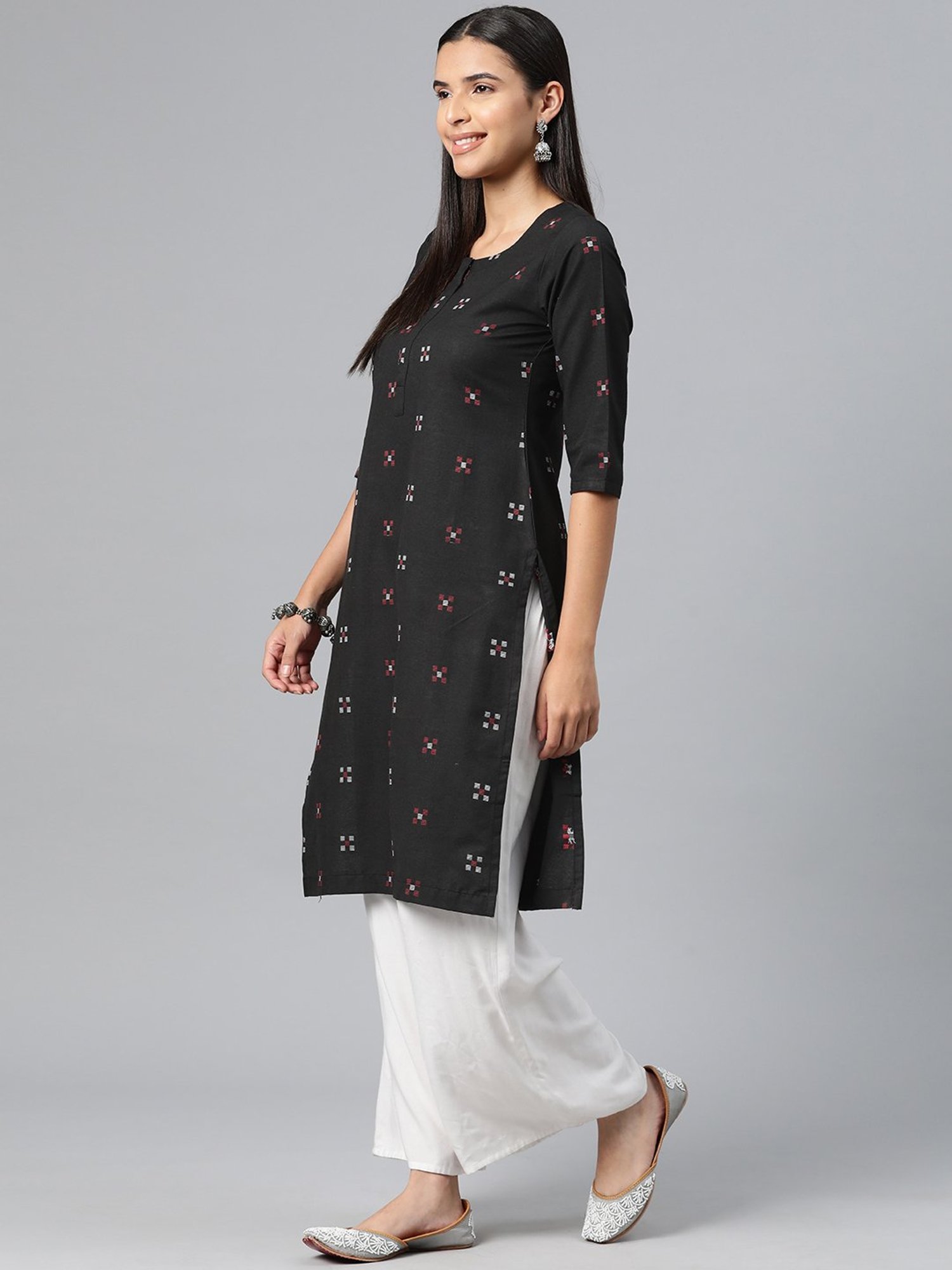 One Femme Black Cotton Self Design A Line Kurti