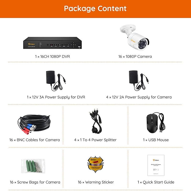 16 Channel H.265+ 1080P Security Camera System, 16CH 4-in-1(TVI/AHD/CVI/CVBS) DVR Kit, (16) Outdoor Bullet 2MP HD CCTV Surveillance Cameras, Easy Remote Access(No Hard Drive)