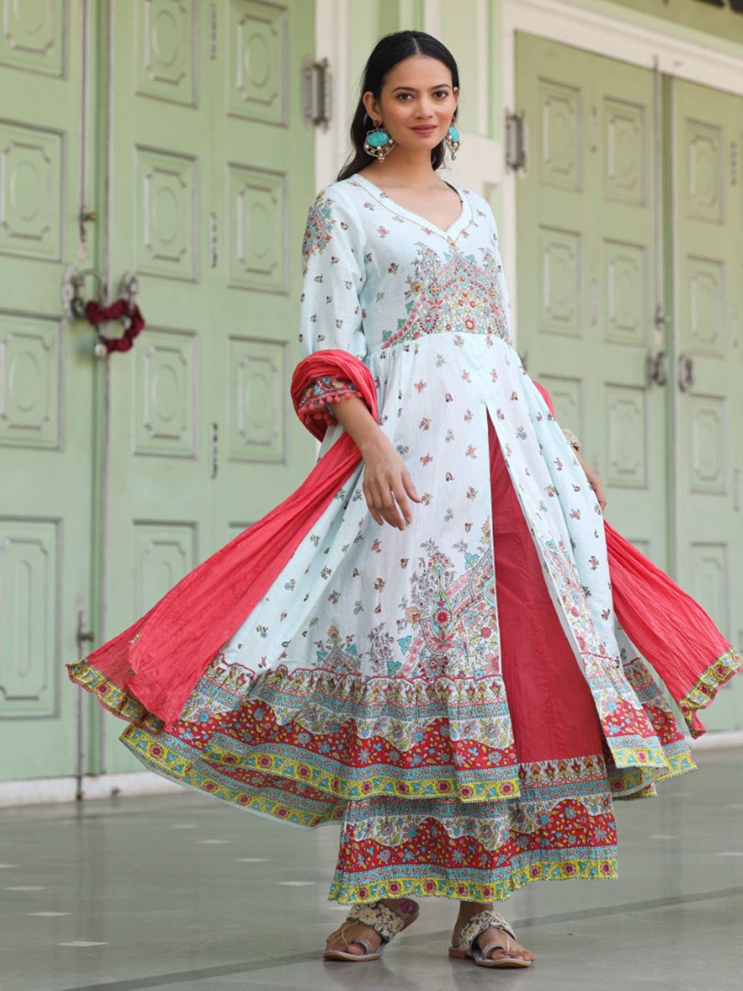 Juniper Sky Blue Cotton Floral Print Anarkali Kurta Pants And Dupatta Set With Sequins & Beadwork