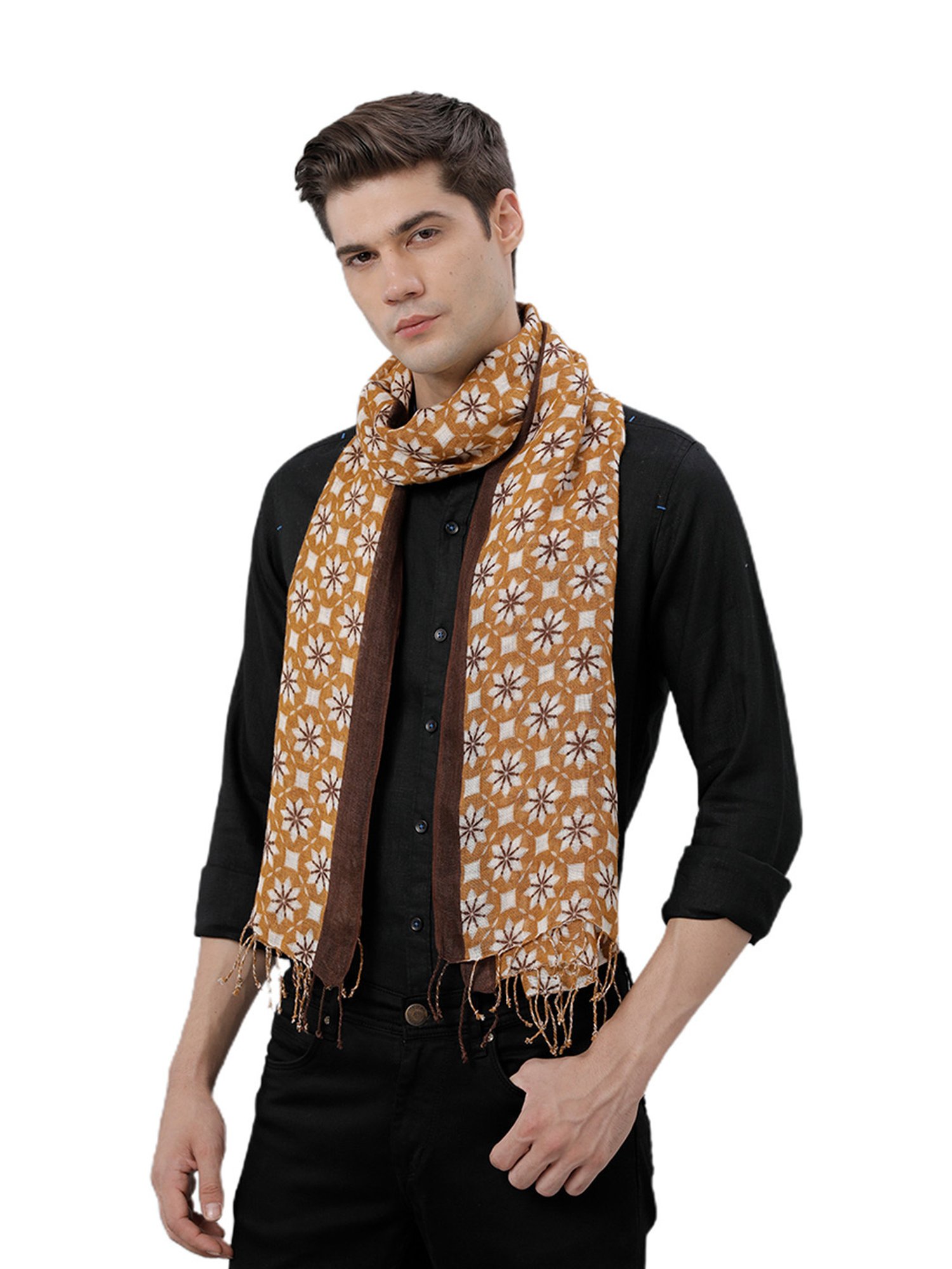 Linen Club Brown Printed Pure Linen Stole