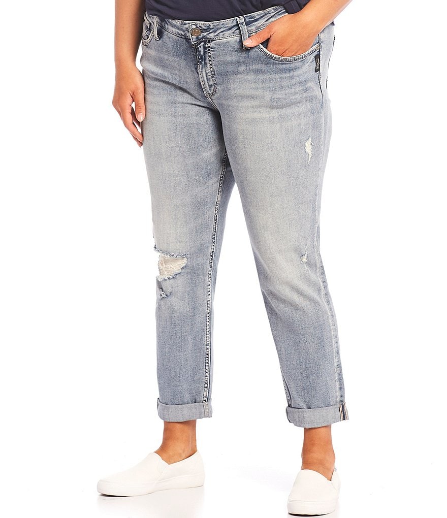 Silver Jeans Co. Plus Size Destruction Detail Boyfriend Mid Rise Slim Leg Jeans