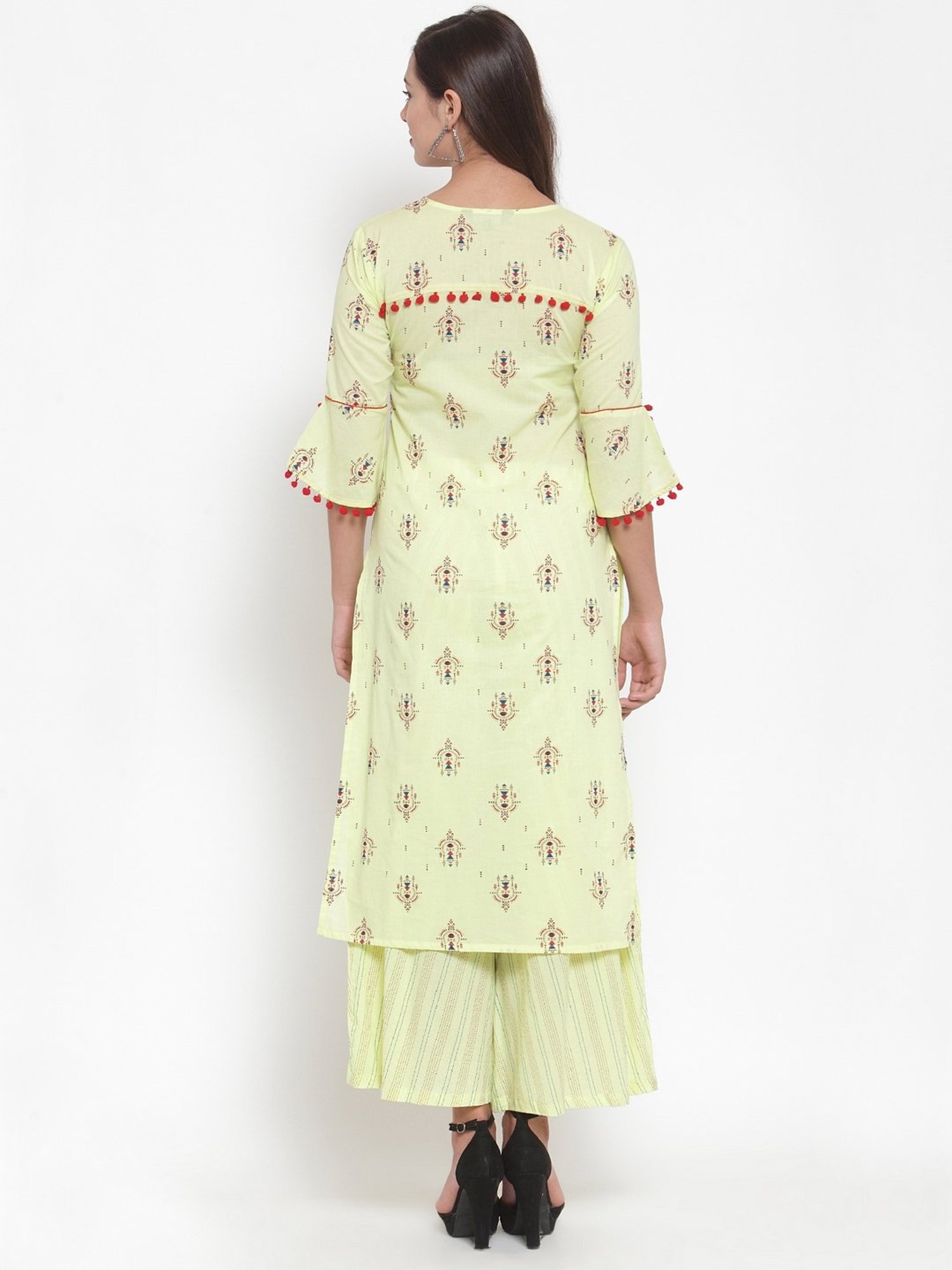 Indibelle Lime Yellow Cotton Printed Straight Kurta