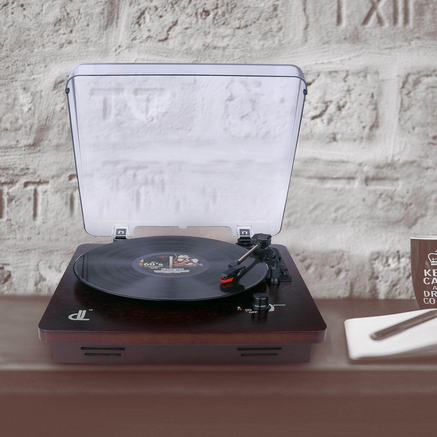 D&L 3-Speed Record Player with Built-in Stereo Speakers, Vintage Phonograph Turntable Support PC Recording, Pitch Control and RCA Output,Wood