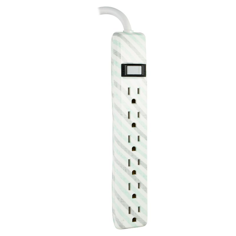 GE General Purpose 6-Outlet Power Strip with 4ft Extension Cord, Striped Design, White, Gray and Mint