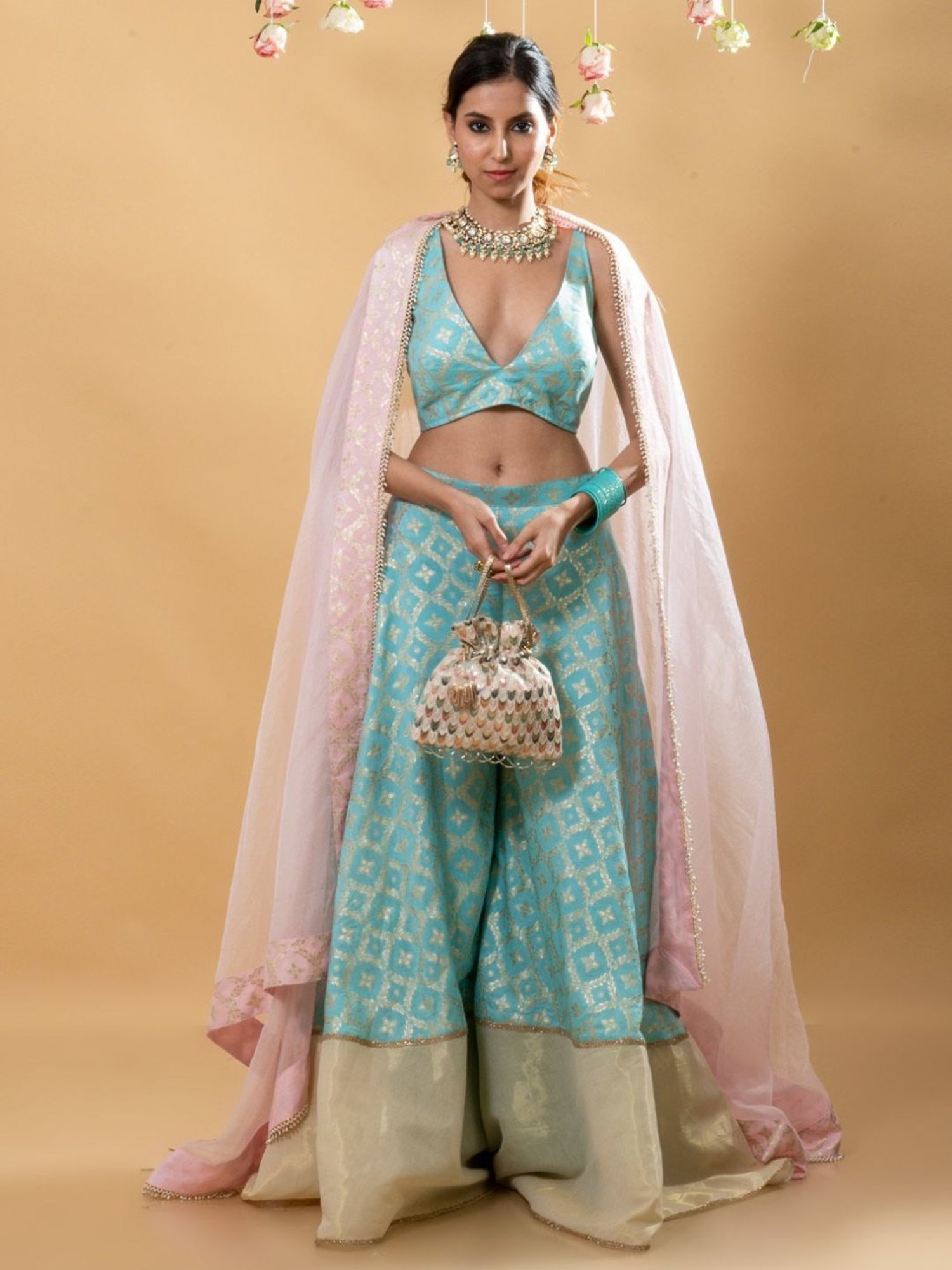 Monk and Mei Sitara Multi Nitya Brocade Sharara Blouse Dupatta Set