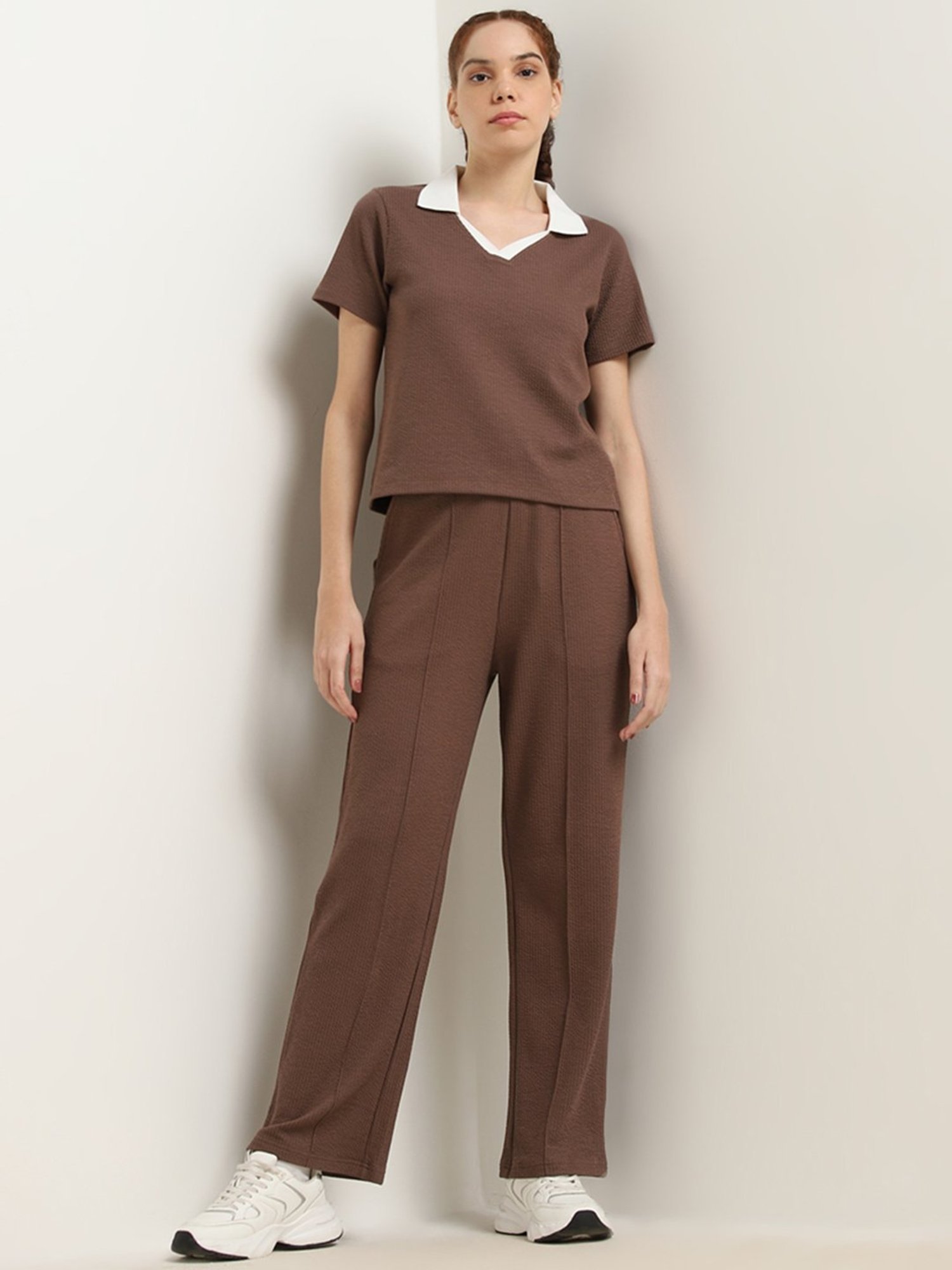 Studiofit by Westside Dark Brown Self-Textured Collared T-Shirt