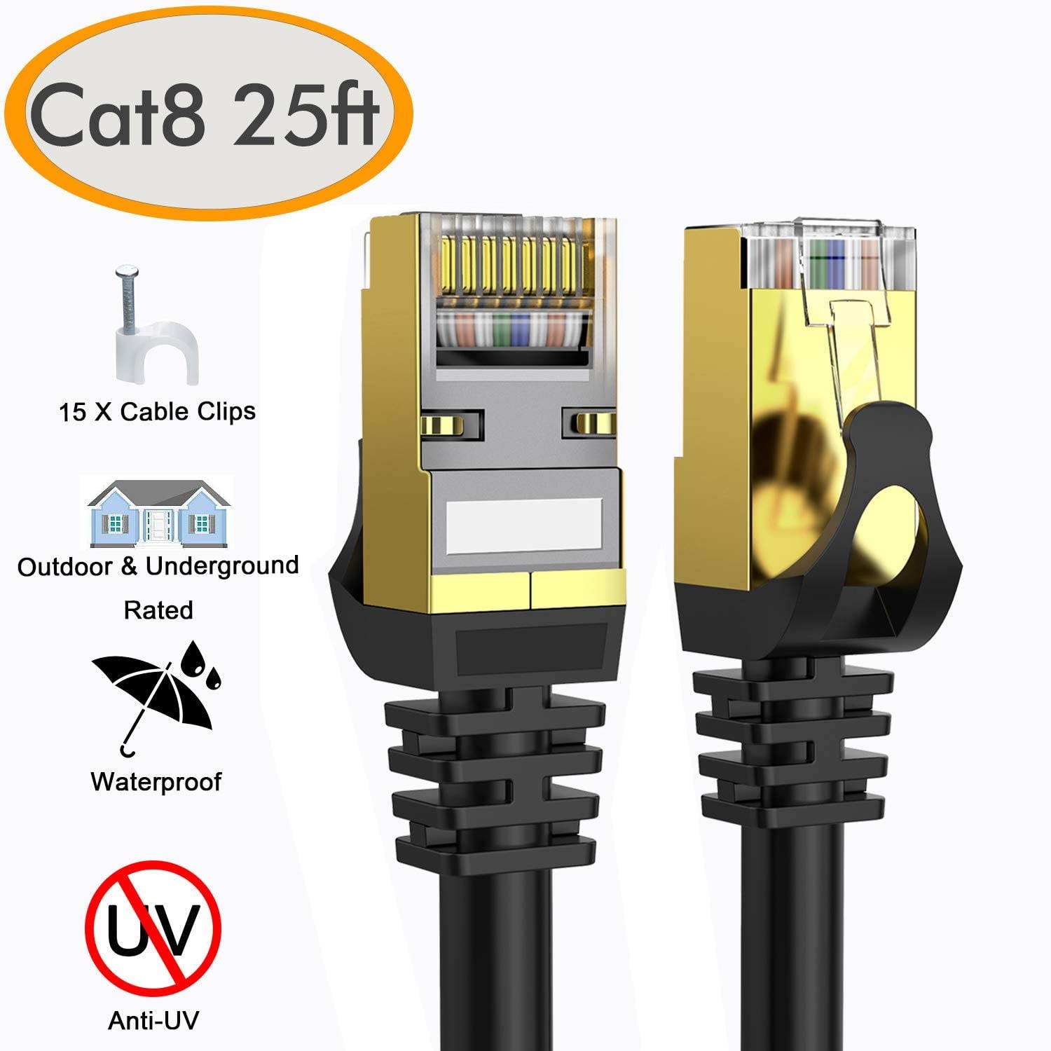 Cat 8 Ethernet Cable 25 ft Shielded, 26AWG Lastest 40Gbps 2000Mhz SFTP Patch Cord, Heavy Duty High Speed Cat8 LAN Network RJ45 Cable- in Wall, Outdoor, Weatherproof Rated for Router, Modem, Gaming