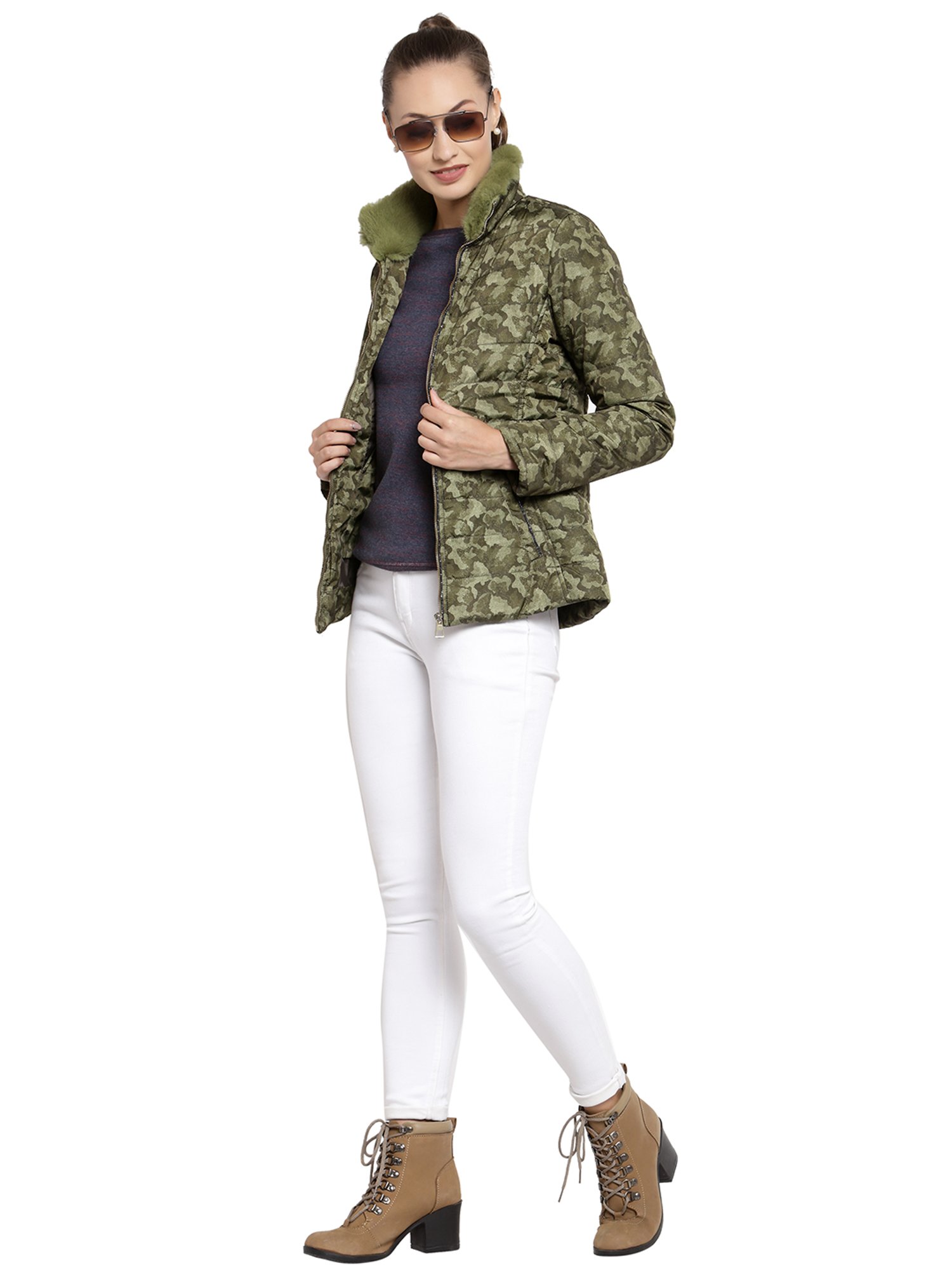 Juelle Olive Printed Full Sleeves Puffer Jacket
