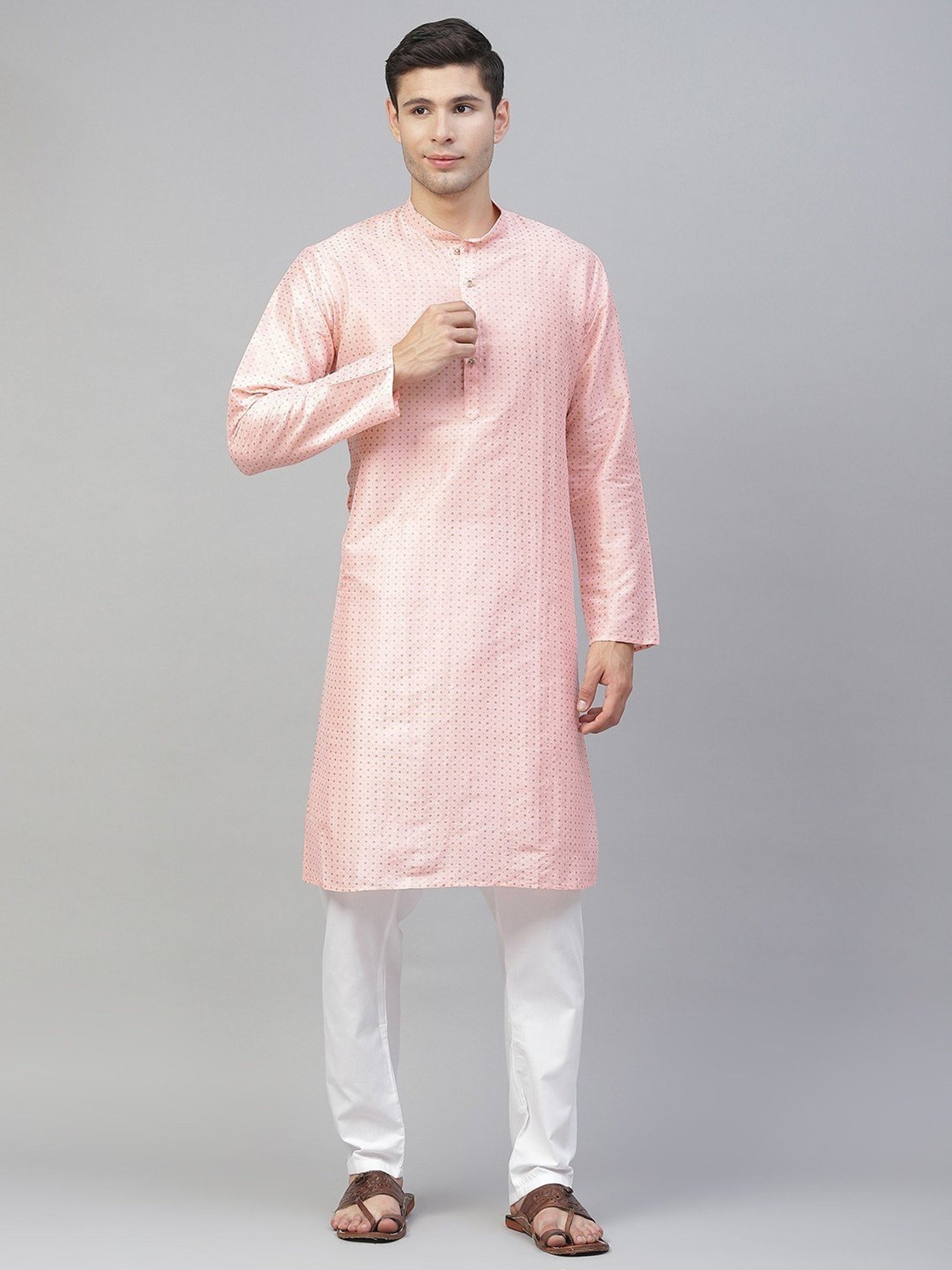 ManQ Pink & White Regular Fit Printed Kurta Bottom Set
