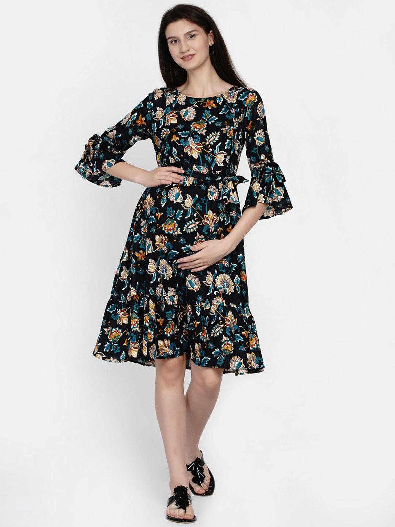 Mine4Nine Navy Floral Print Maternity Dress