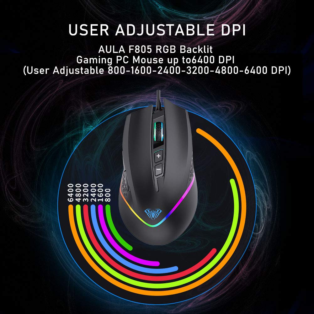 AULA RGB Gaming Mouse with Side Buttons Macro Programming 10000 DPI Adjustable 14 Key Wired USB Backlit Mouse for Desktop Laptop - H510 White