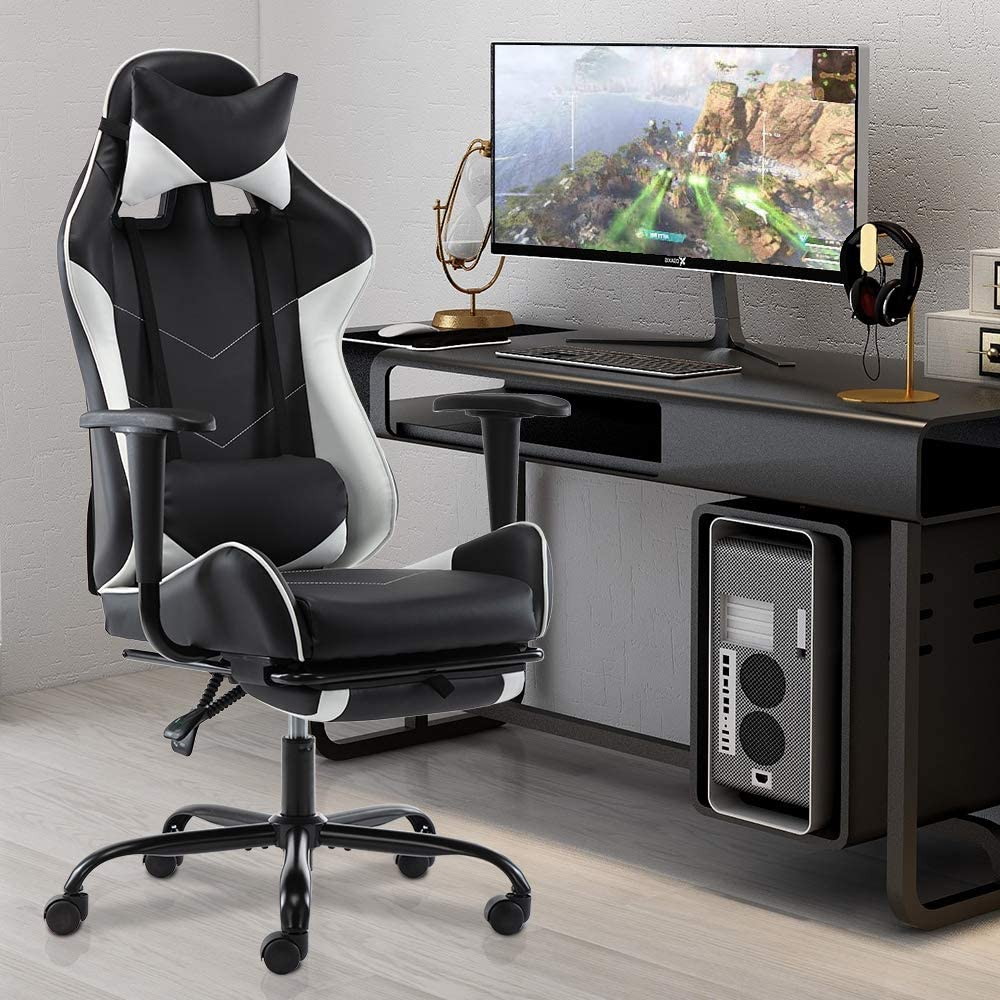 SMUGDESK Gaming Chair with Footrest Racing Style Recliner with Lumbar Support, Ergonomic Office Armchair for Computer PU Leather High Back Desk Chair Headrest Swivel Rocking Desk Chair, Blue