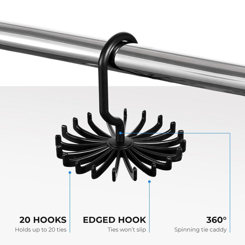 OSTO 2-Pack Black Tie Hanger; Each has 20 Hooks to Hang Ties, Belts, Scarves, and More; Convenient, Space-Saving Plastic Tie Rack with Hook