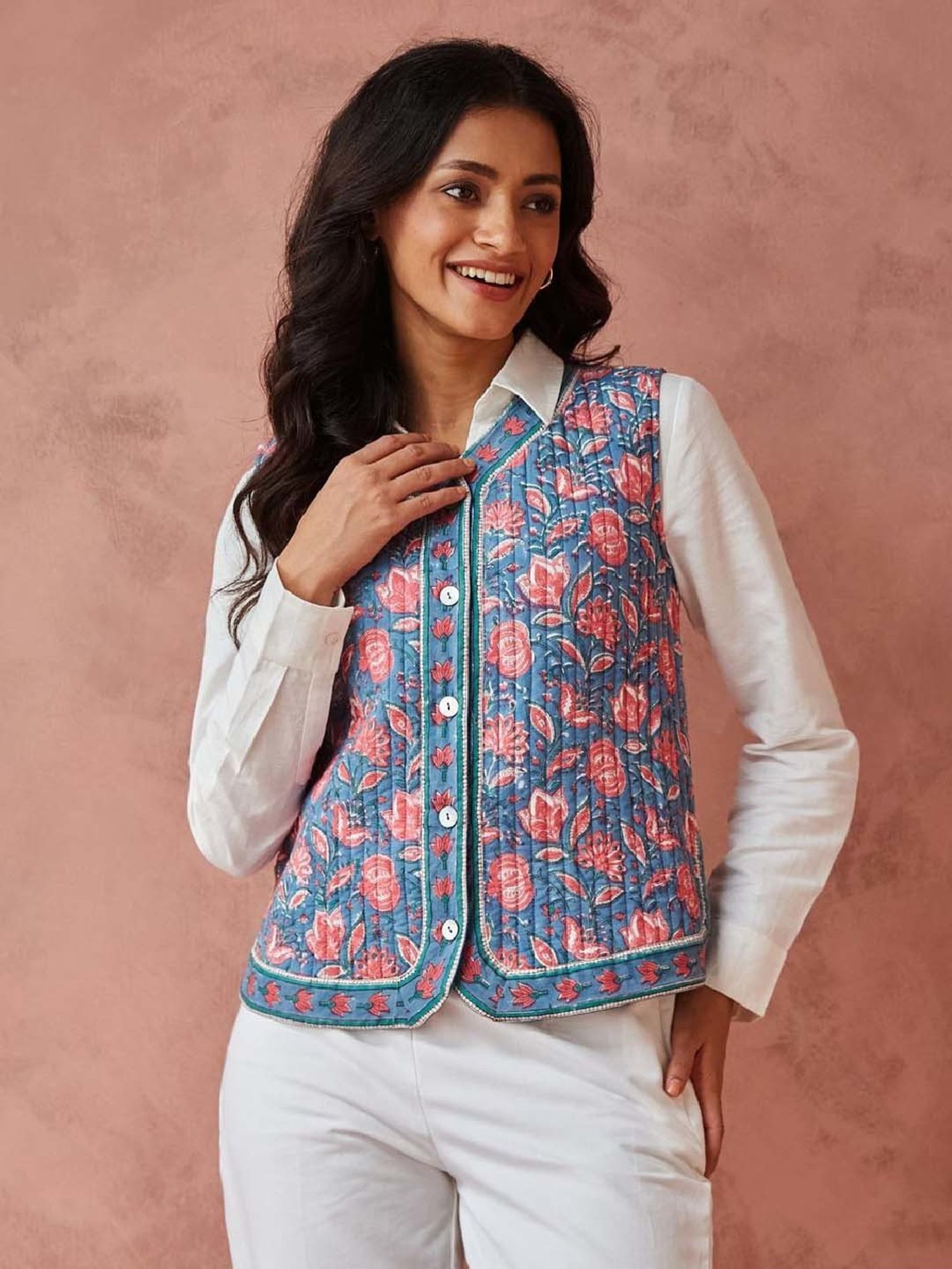 Fabindia Blue Cotton Printed Jacket