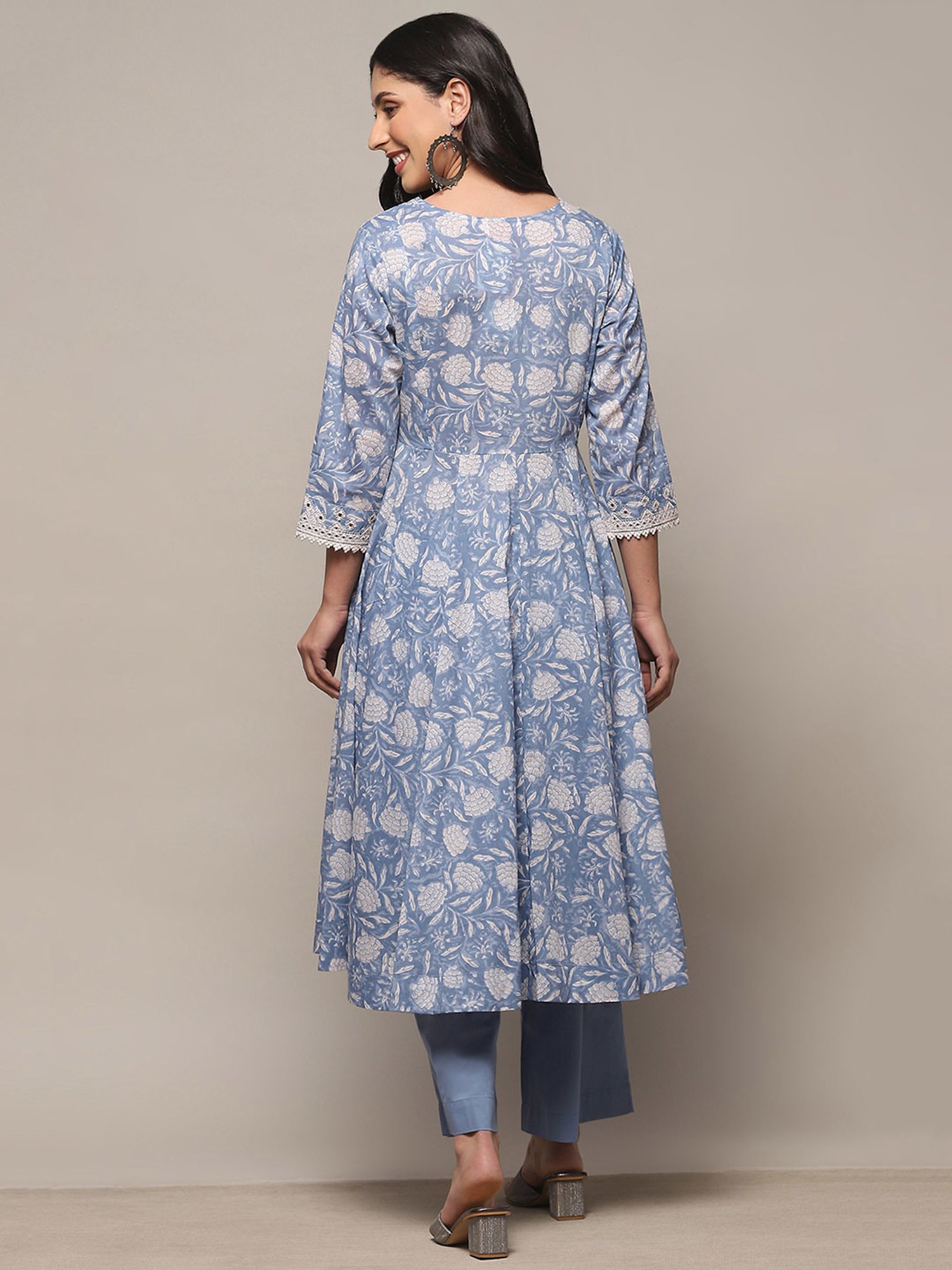 Biba Blue Printed Kurta With Palazzo & Dupatta
